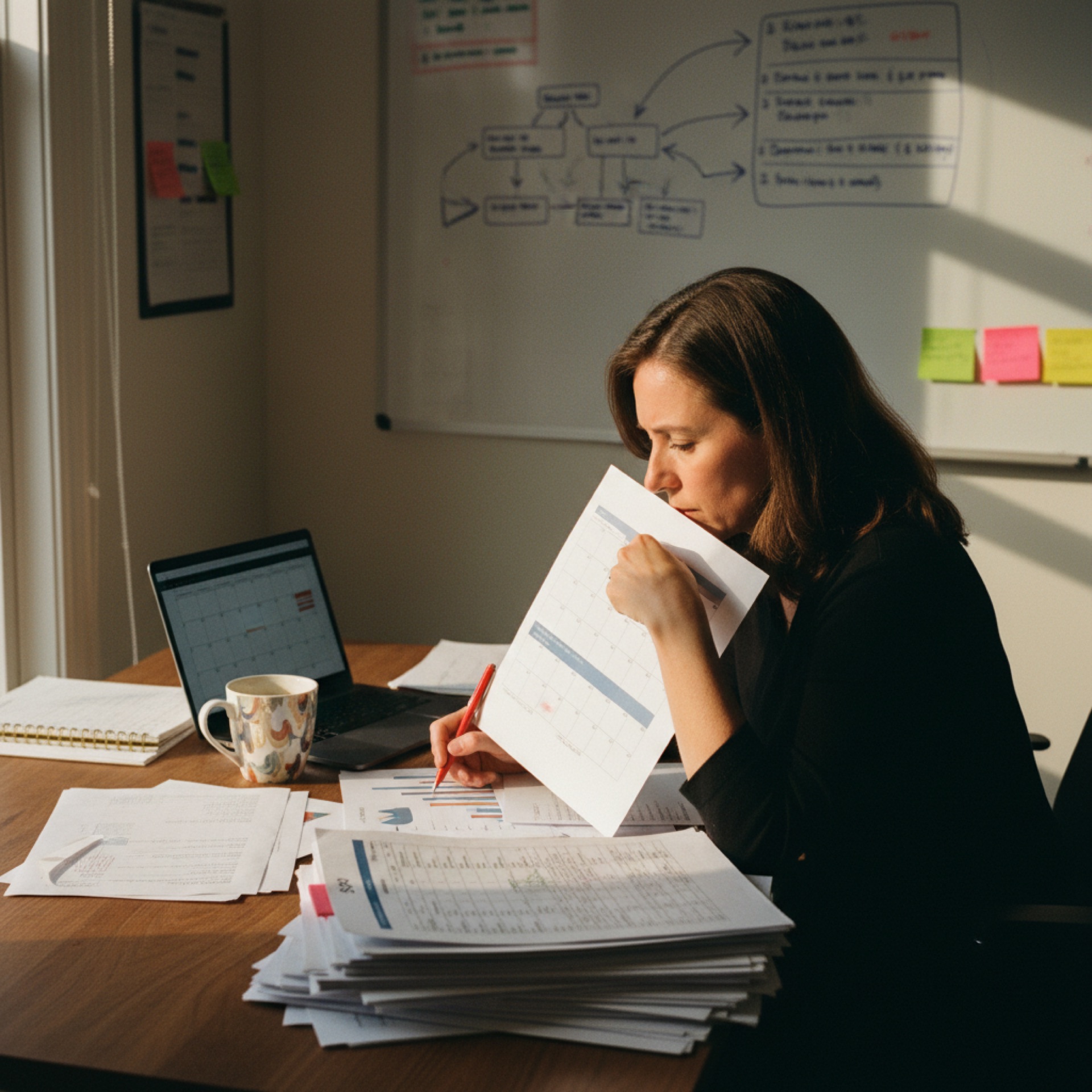 A woman at a desk reviewing printed dashboards and SOP documents in the late afternoon light