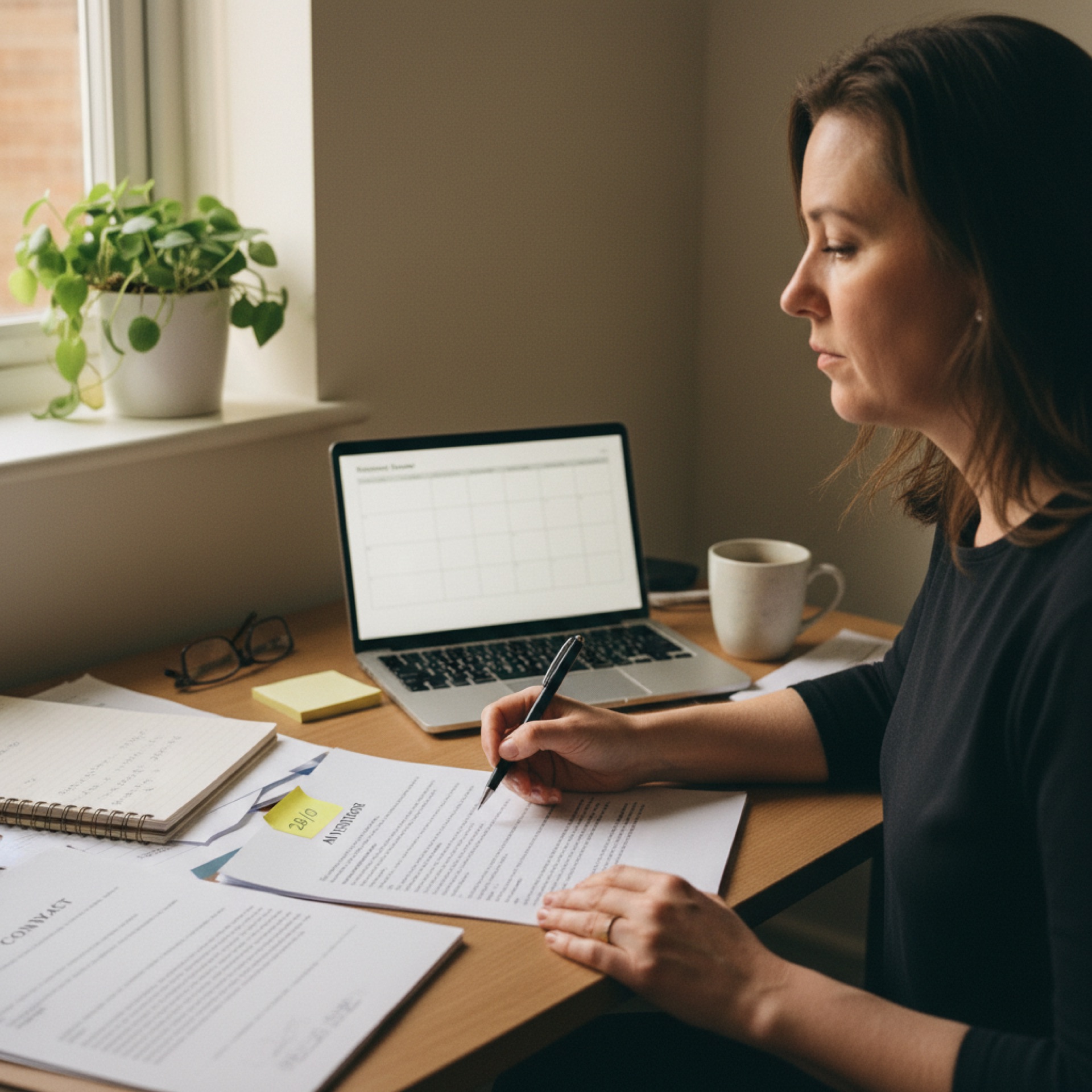 An owner at her office desk reading through a printed AI vendor contract, with a pen and a yellow sticky note marking the renewal date, daylight through a side window behind her