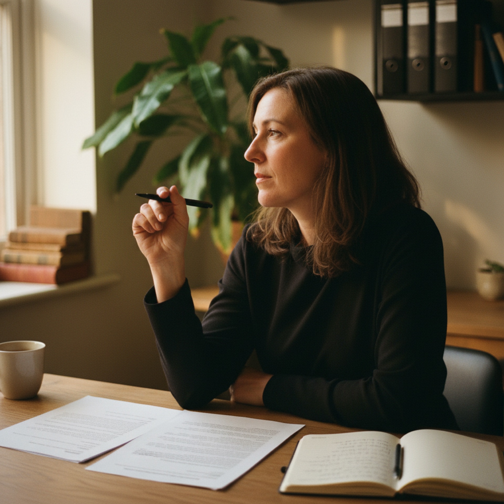 A woman at her office desk marking up a printed policy document with a pen, laptop open beside her, mug of tea nearby.
