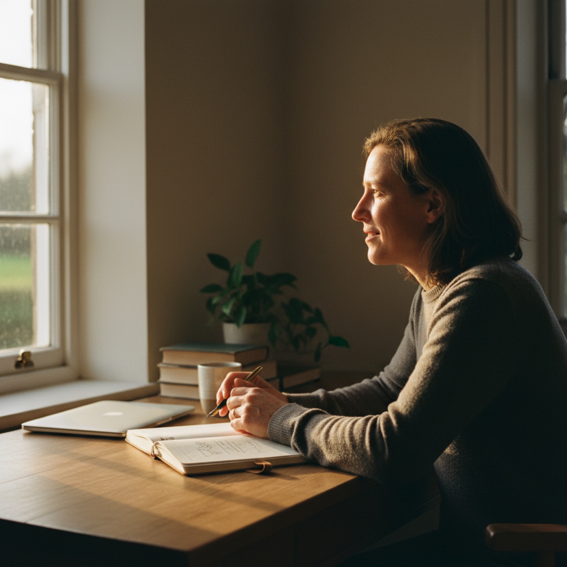 A founder sitting at a desk with their laptop closed, looking out a window with an open notebook and a coffee.