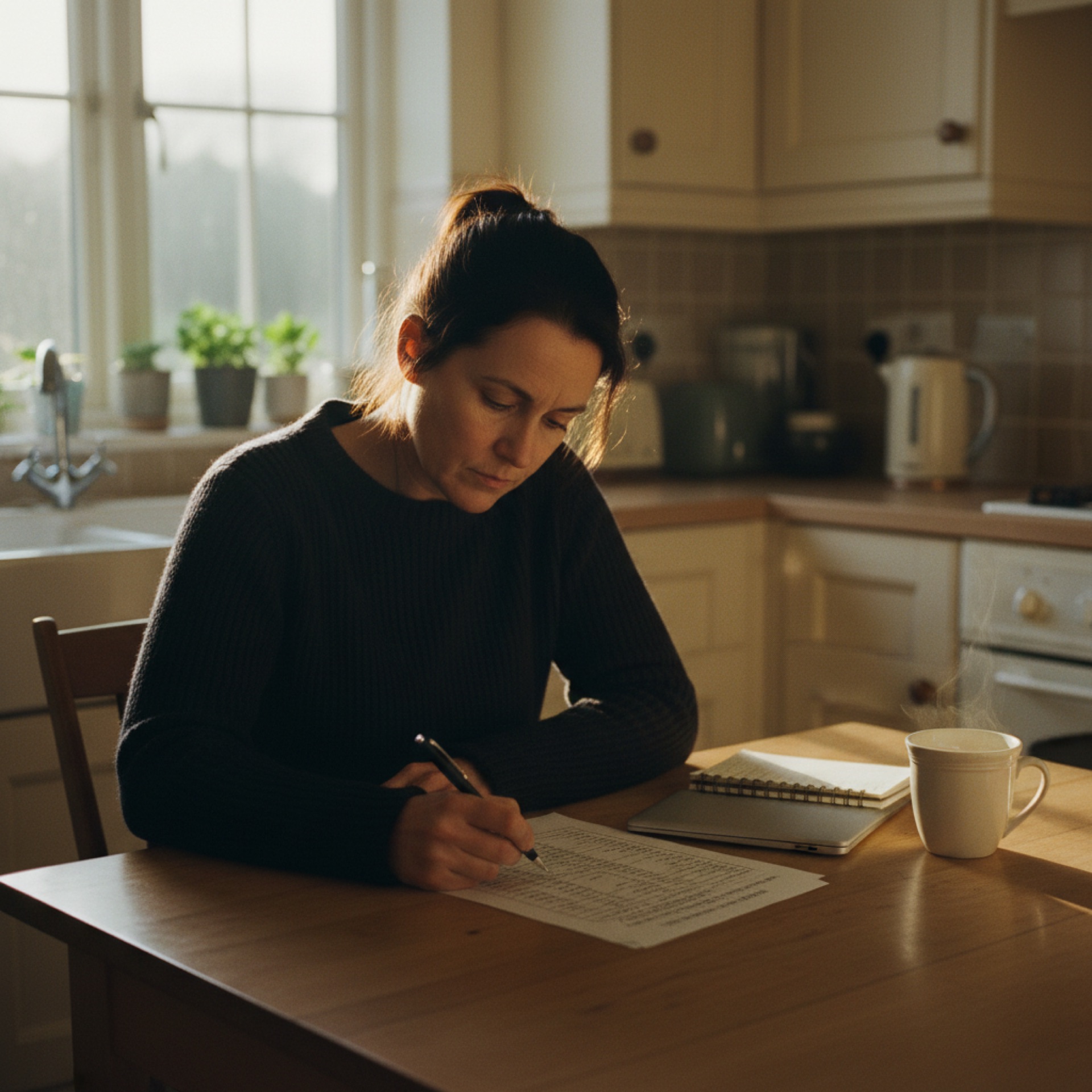 A founder reviewing a printed AI tools cost sheet with a pen at a kitchen table in morning light