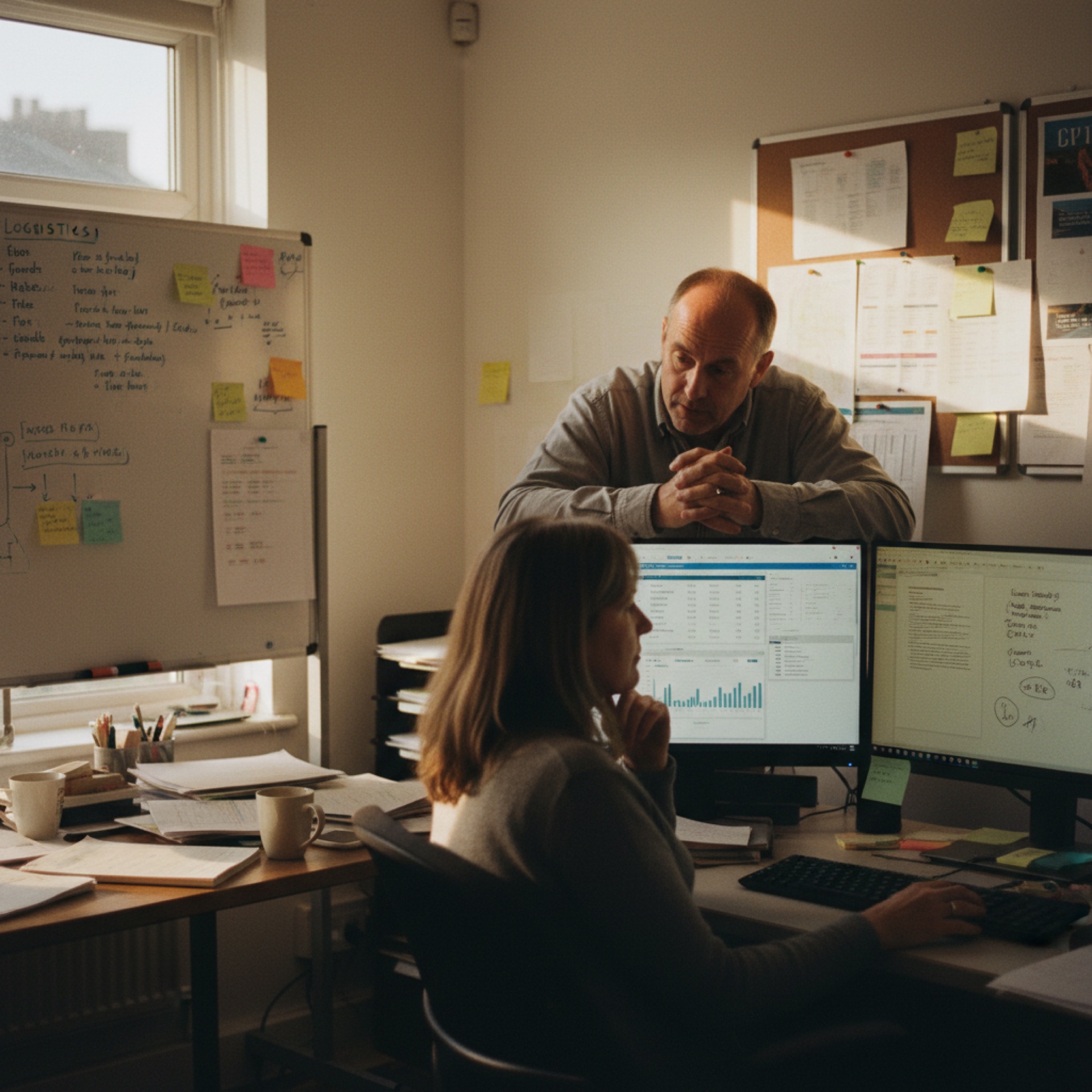 An owner and a colleague reviewing a dashboard and a printed document together at a desk in a small office.