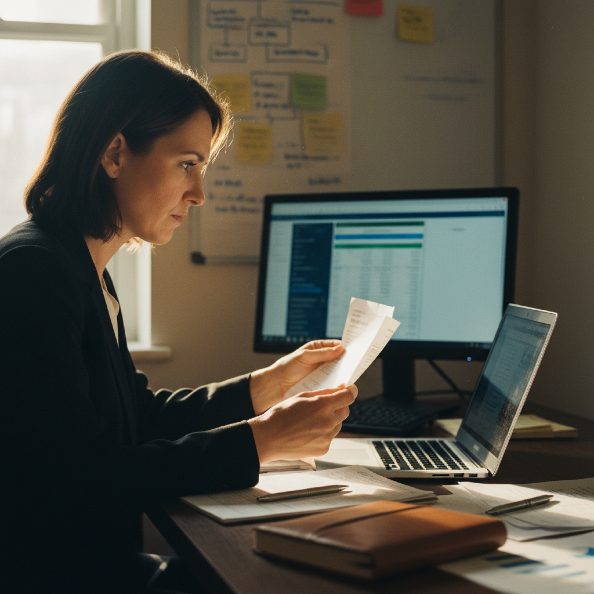 A woman in her forties at an office desk comparing her laptop screen to a paper invoice with a thoughtful expression.