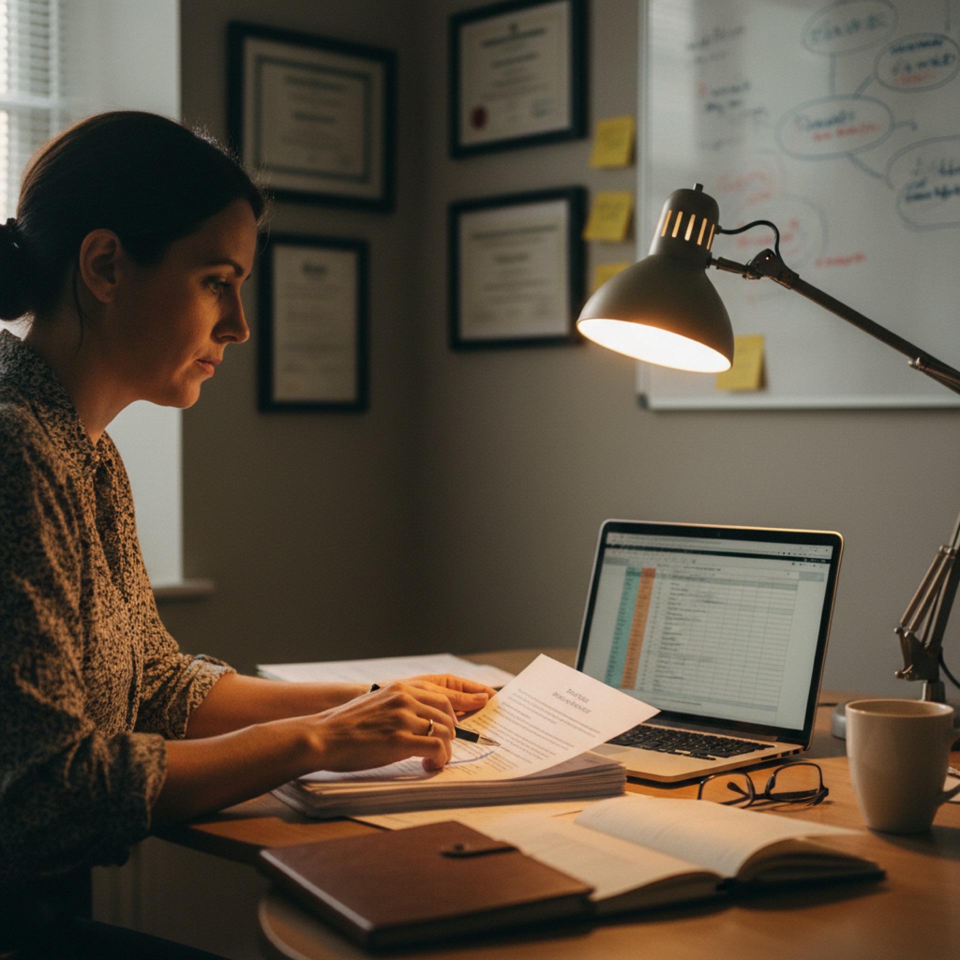 A practice manager at a small firm reviewing a printed data retention policy at her desk with a laptop open beside her