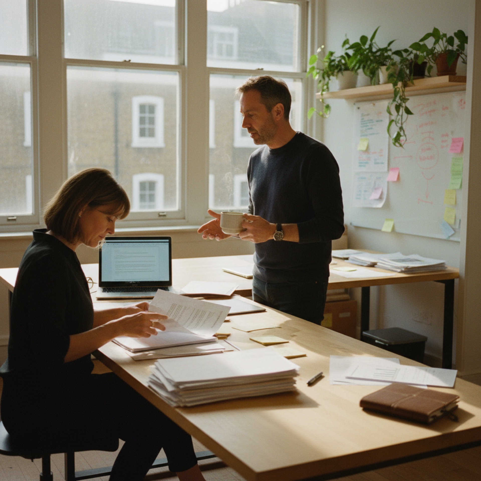 Two people reviewing printed documents and a laptop at a desk in an open-plan office, one holding a coffee.