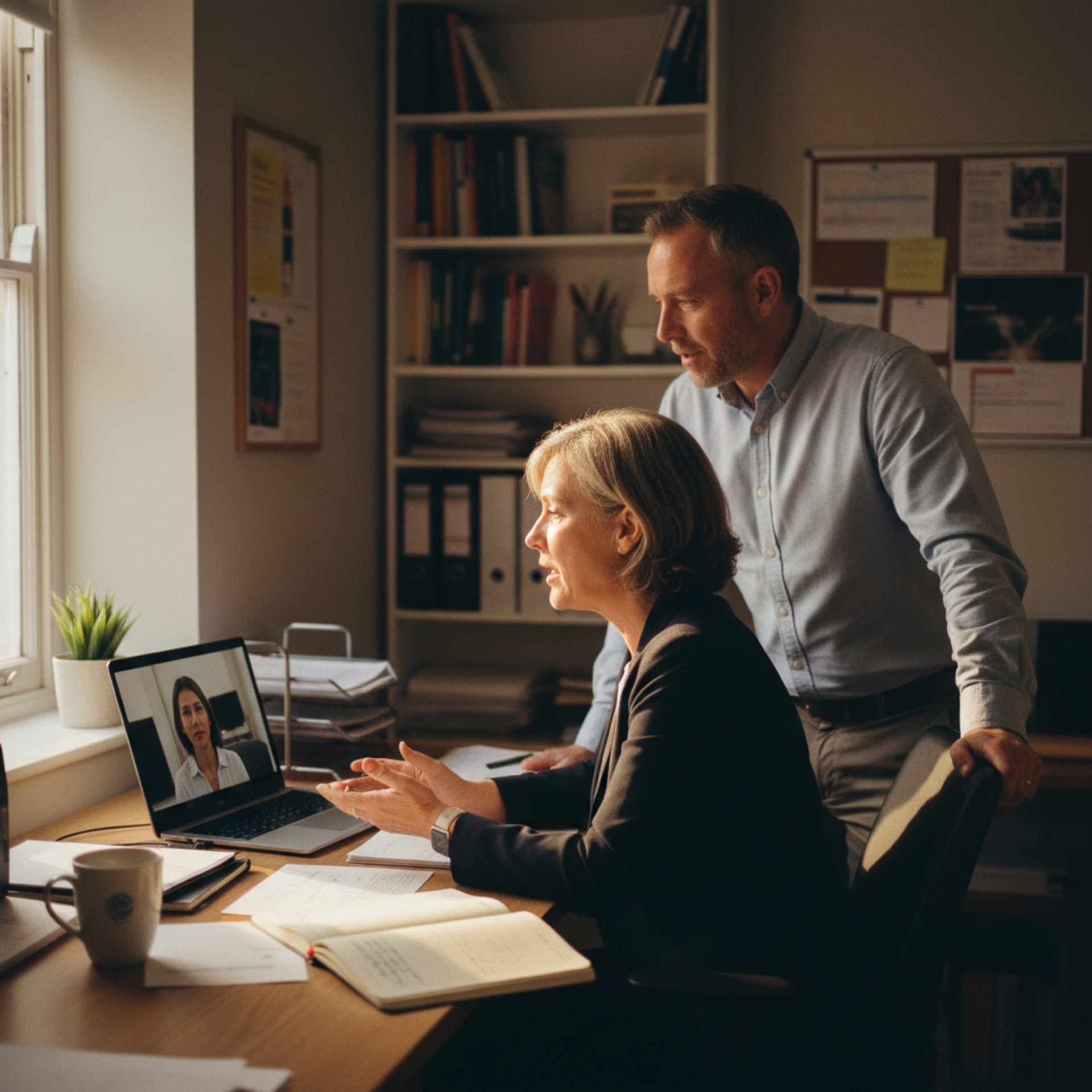 A woman sitting at a desk with a laptop, talking with a colleague standing next to her in a small office