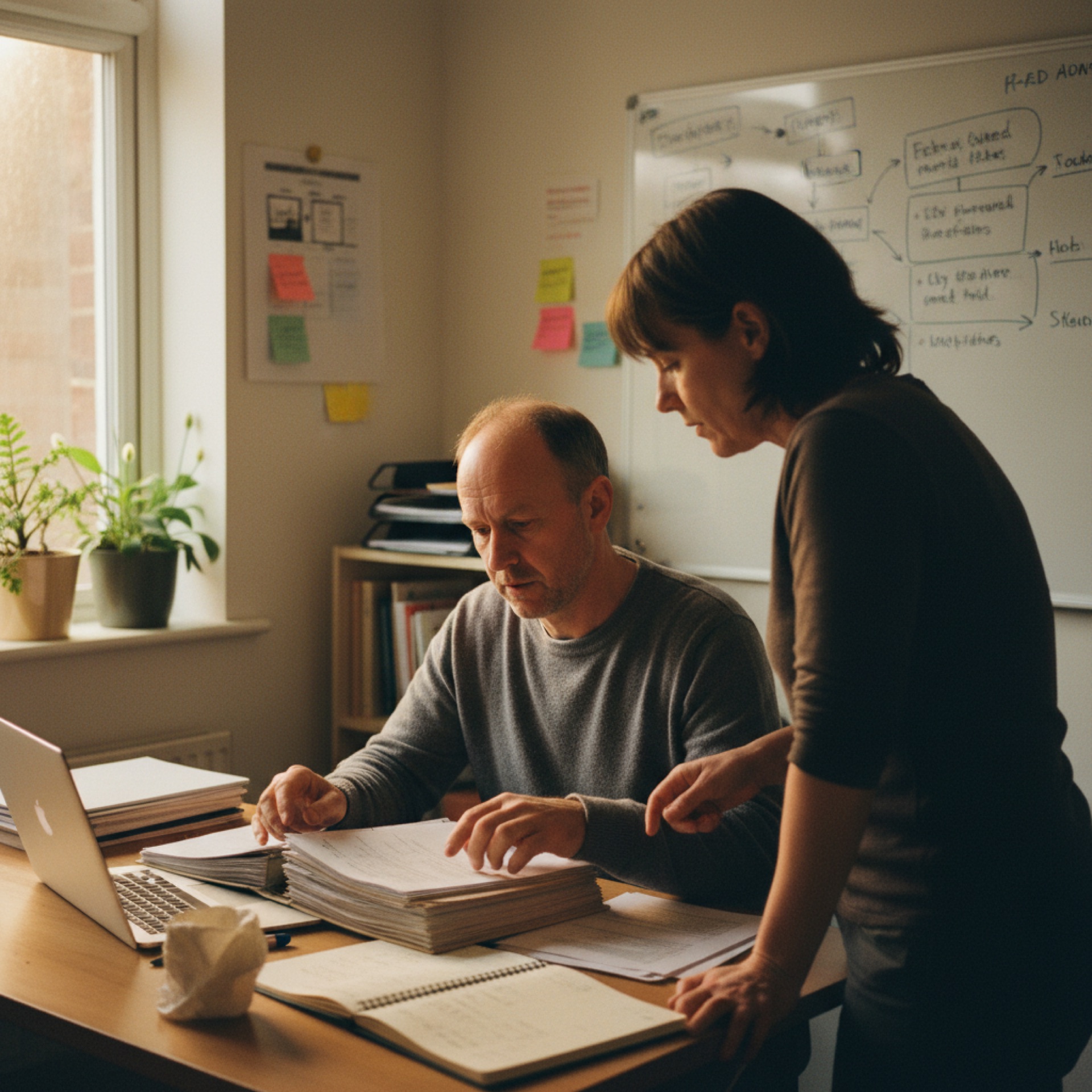 Two people at a small office desk reviewing documents and a laptop together by a window
