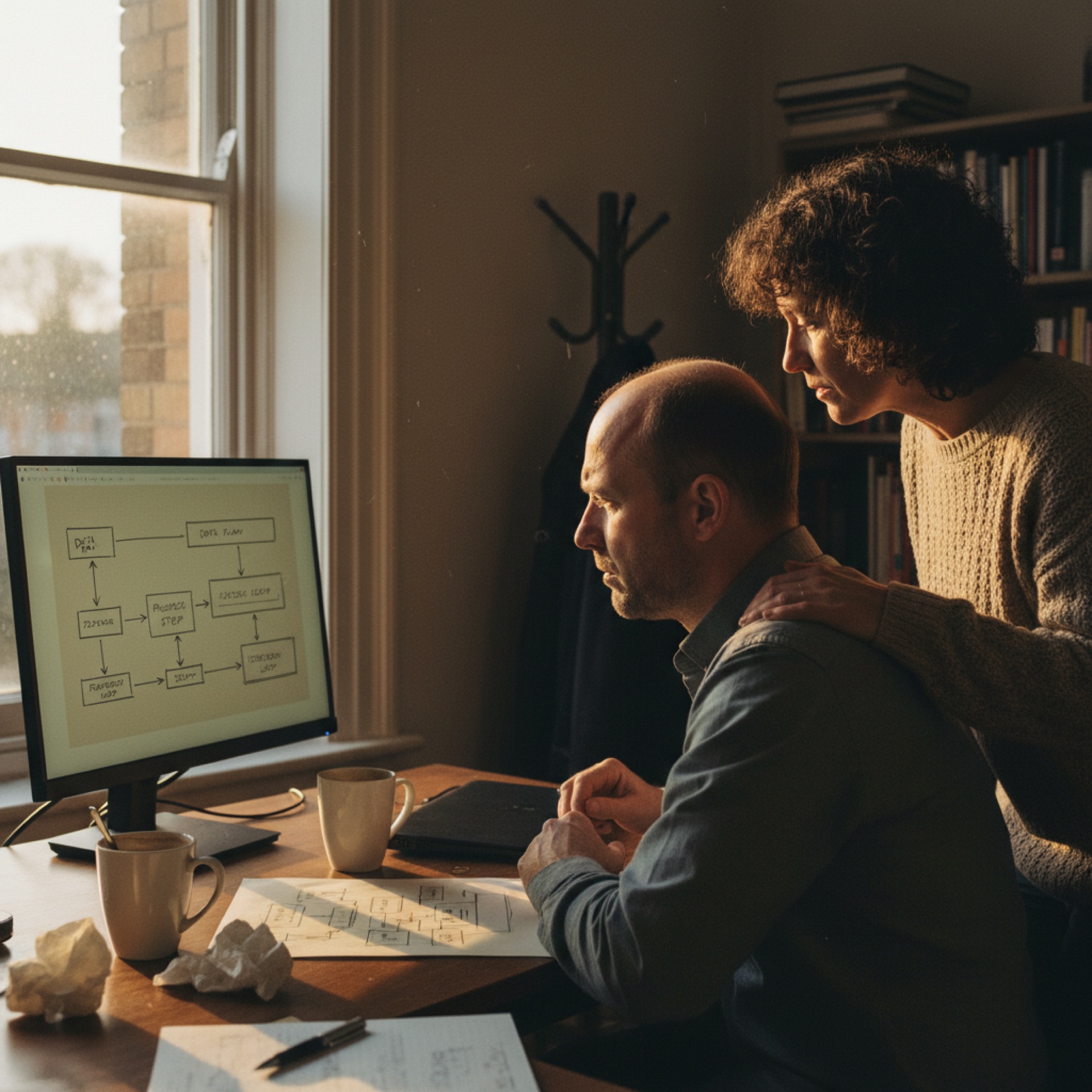 Two people at a desk reading the same screen together before deciding what to do next