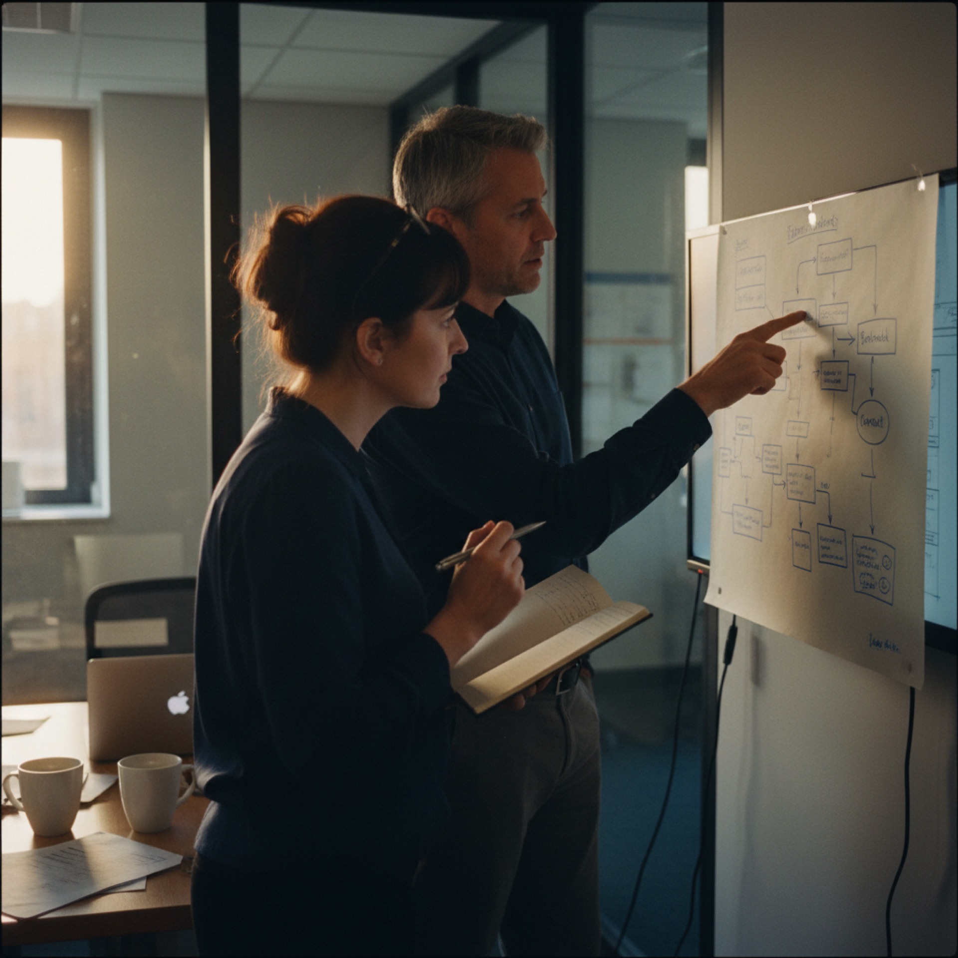 Two colleagues in an office reviewing a process flow diagram on a screen, one pointing at a step in the flow