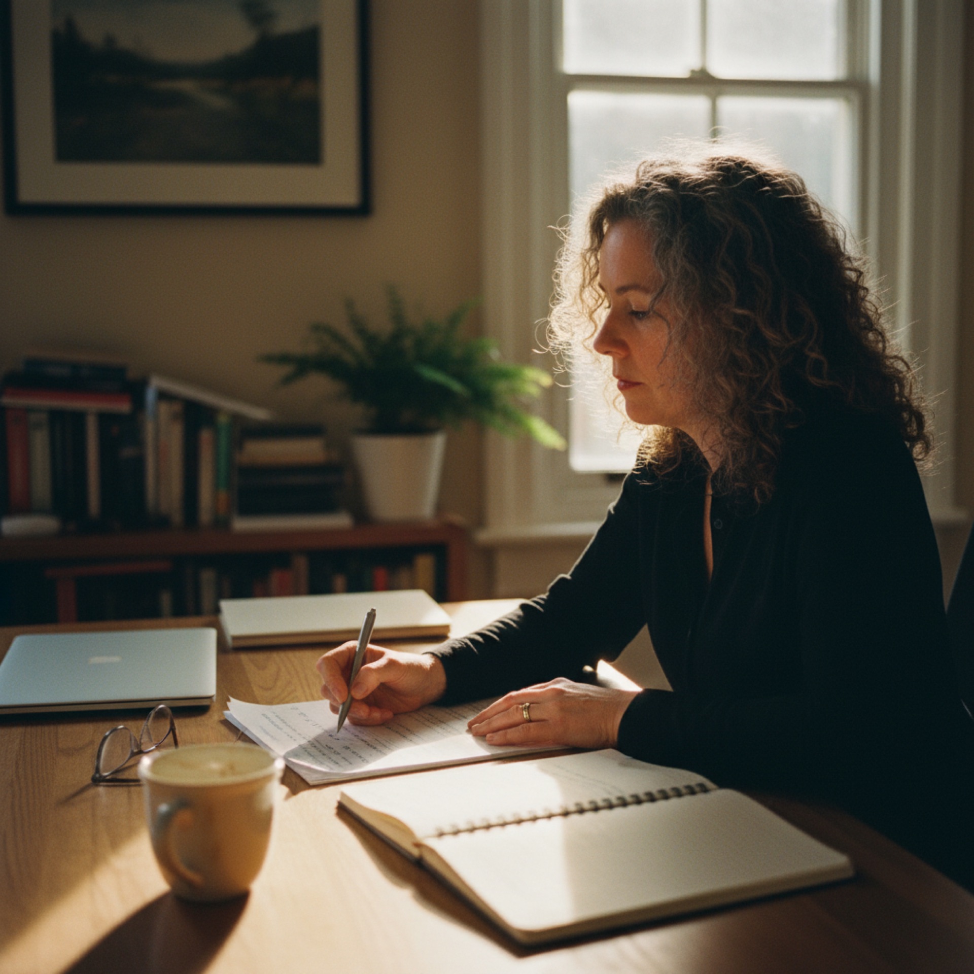 A business owner at a desk reviewing a printed document with a pen, natural light from a nearby window