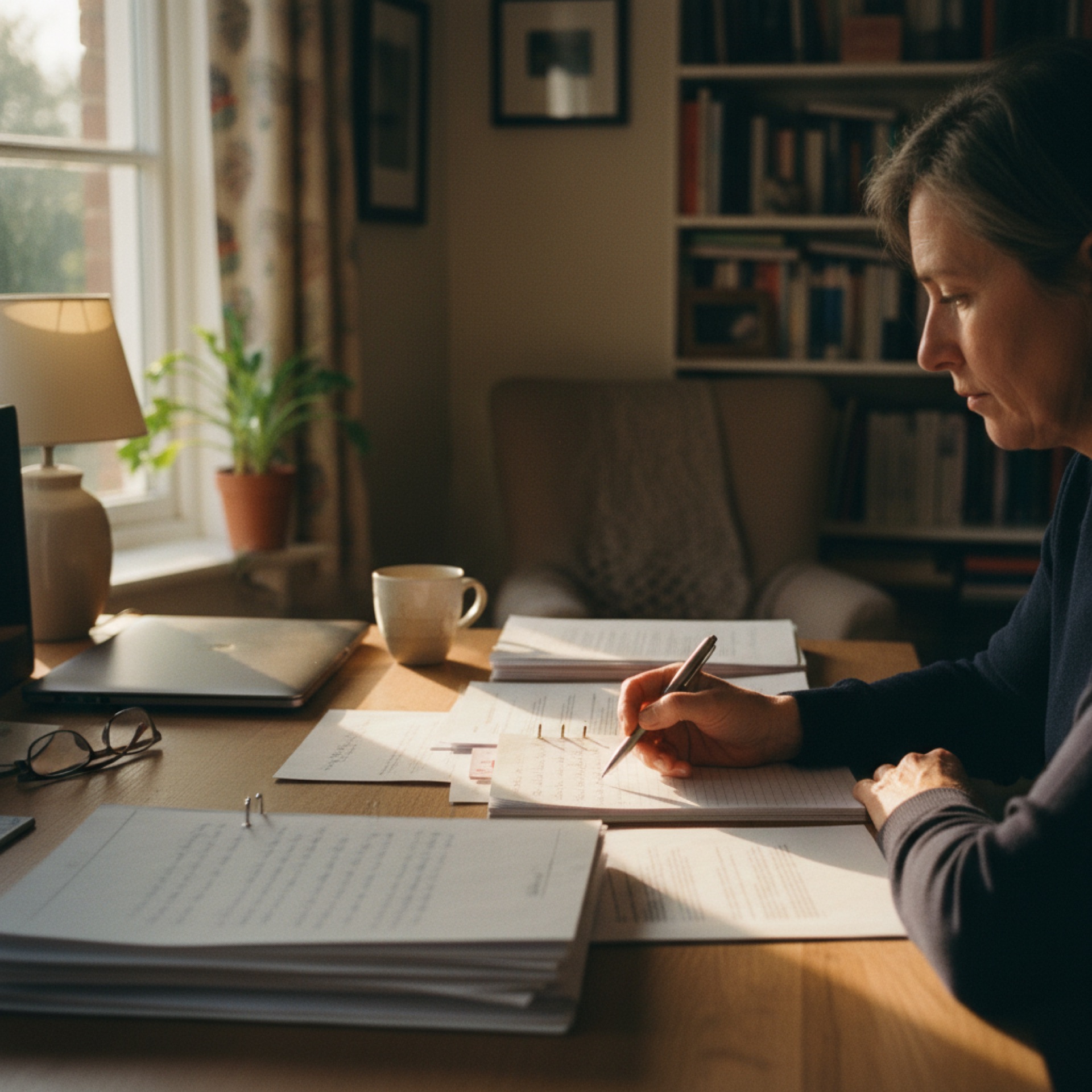 Person at a desk reviewing printed documents alongside a laptop, taking handwritten notes
