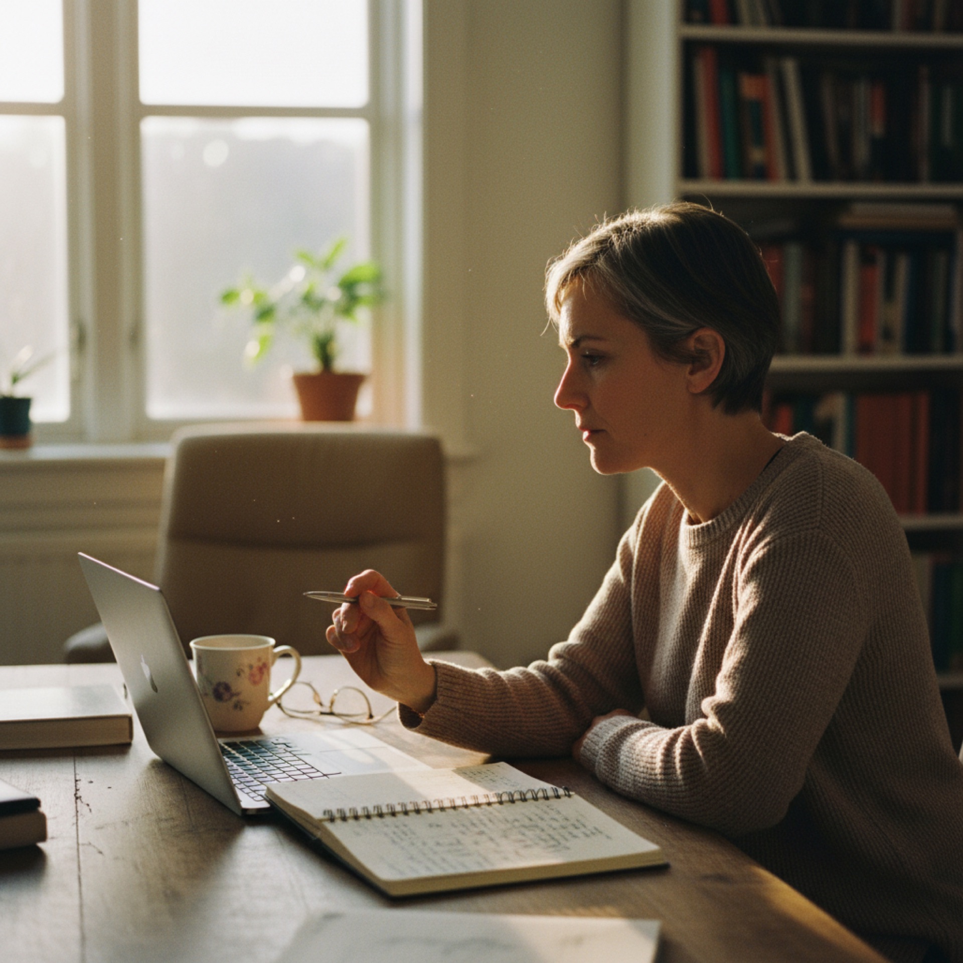 A person sitting at a desk with a laptop and notebook, working quietly in natural light