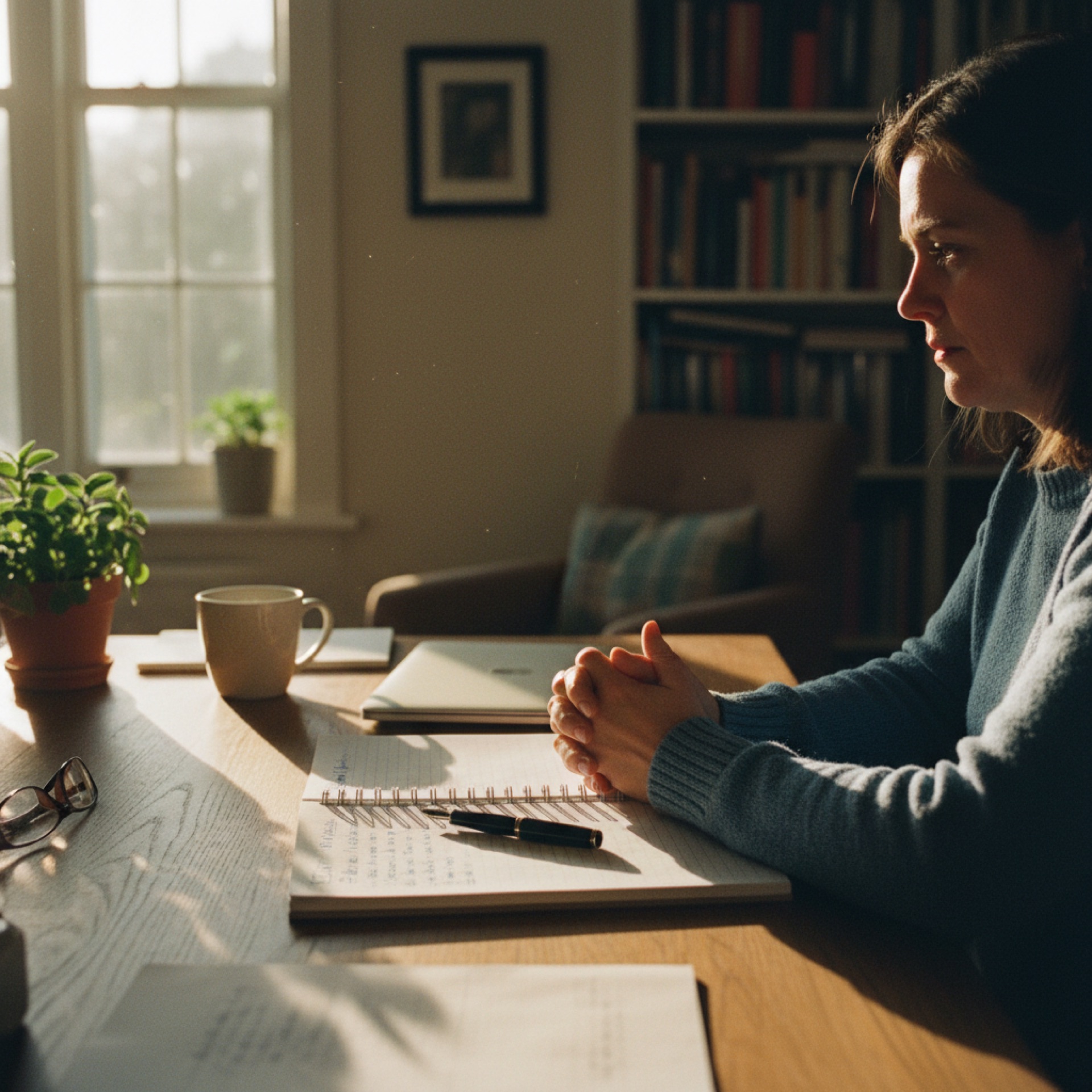 A person at a desk with a notebook and laptop, reviewing a handwritten weekly list in morning light