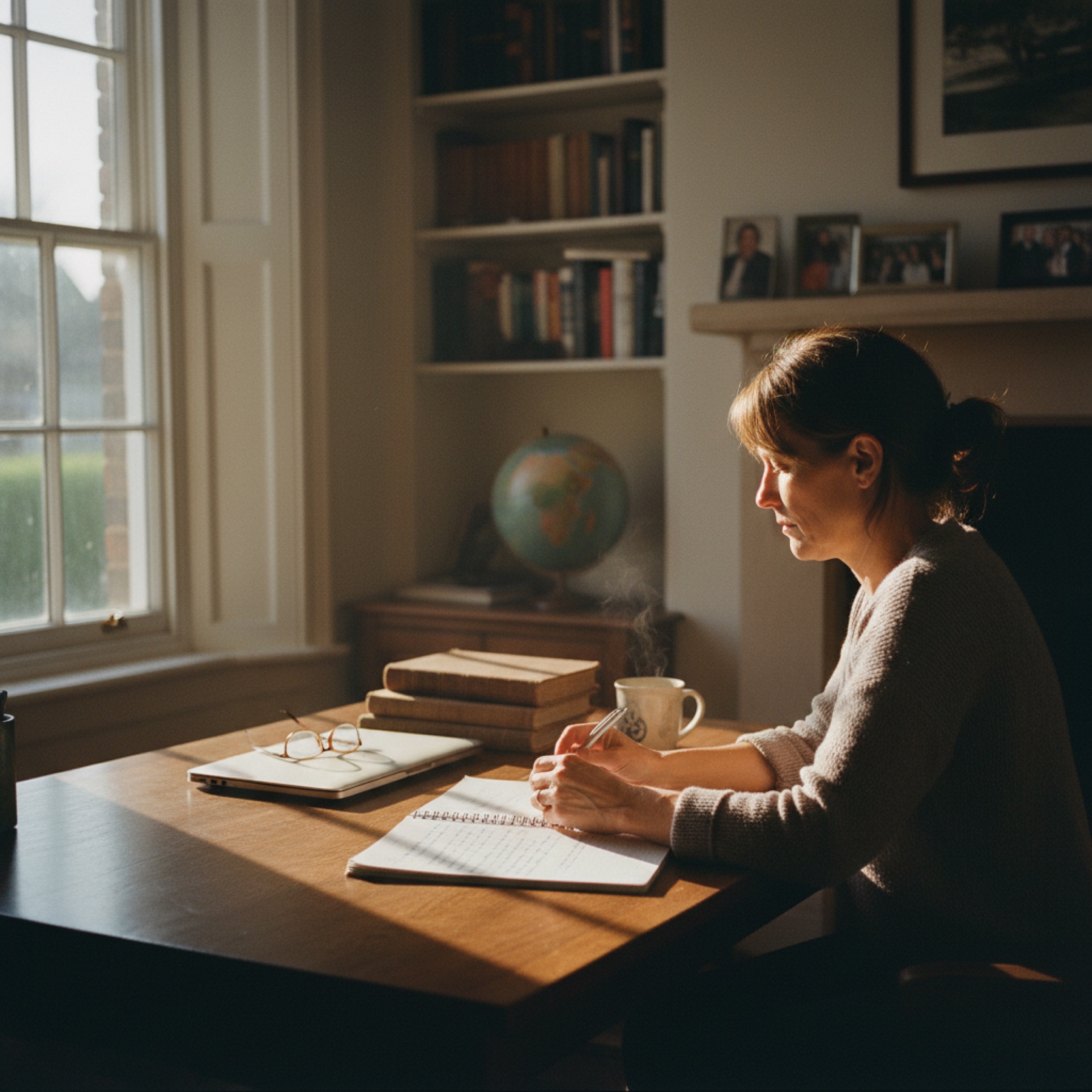 Person at a desk reviewing handwritten notes beside an open laptop in a home office