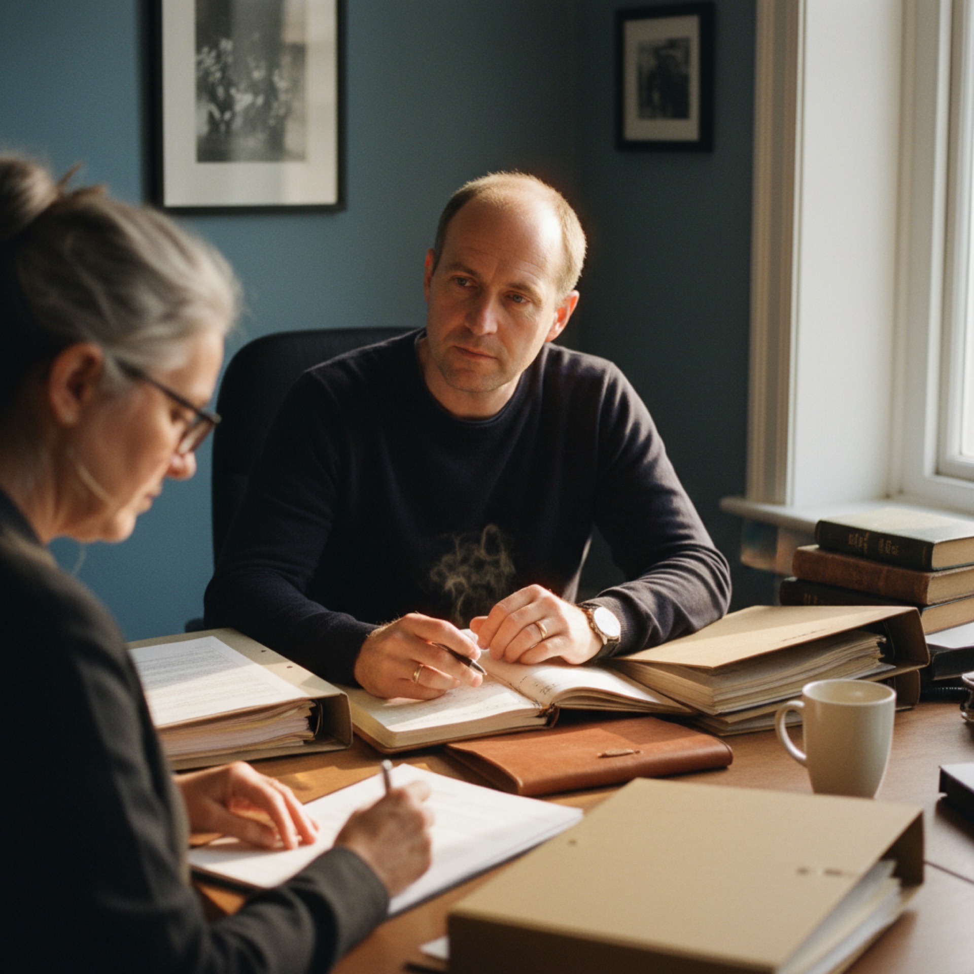 Two professionals reviewing documents across a desk in a small office