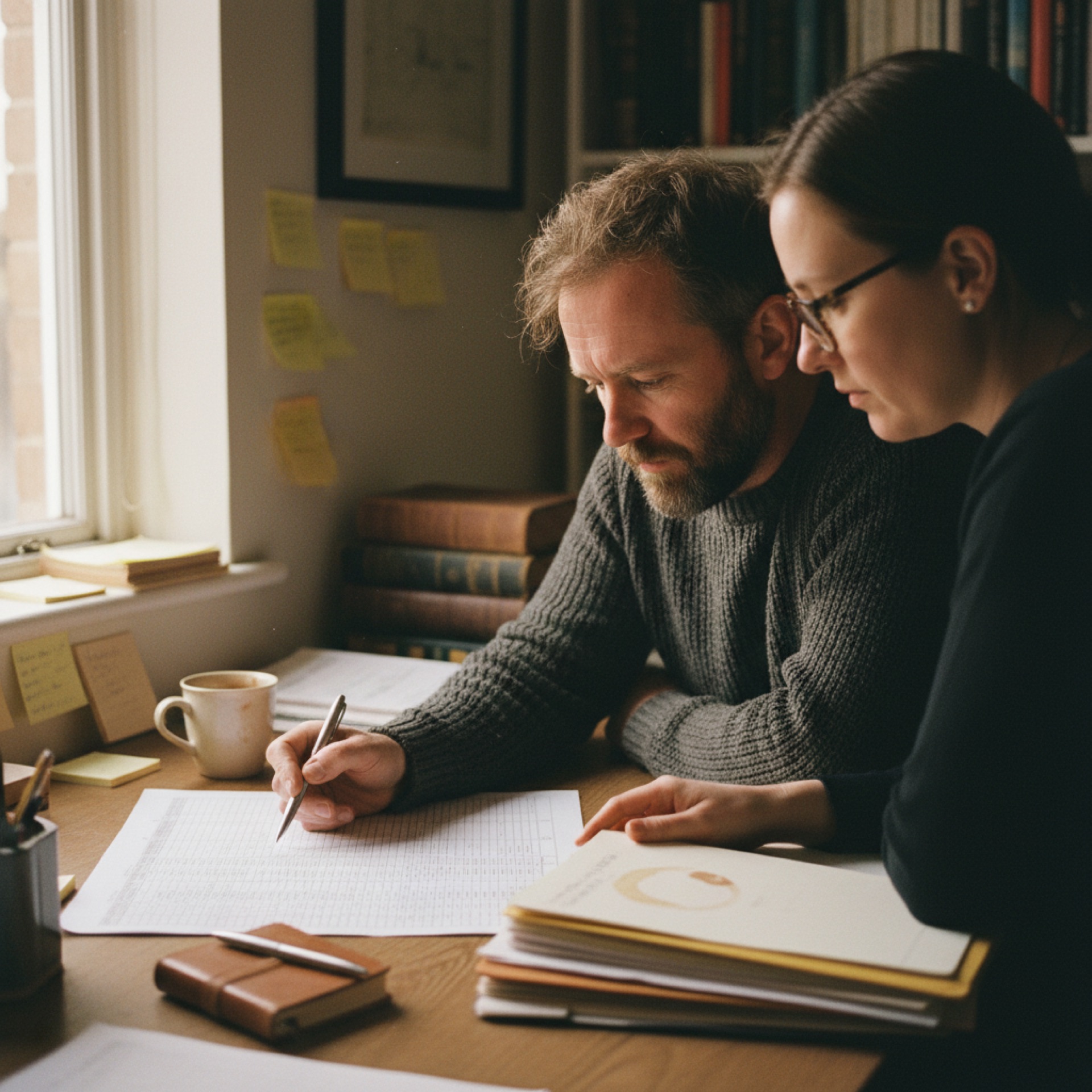 Two people reviewing a shared spreadsheet together at a desk in a small office
