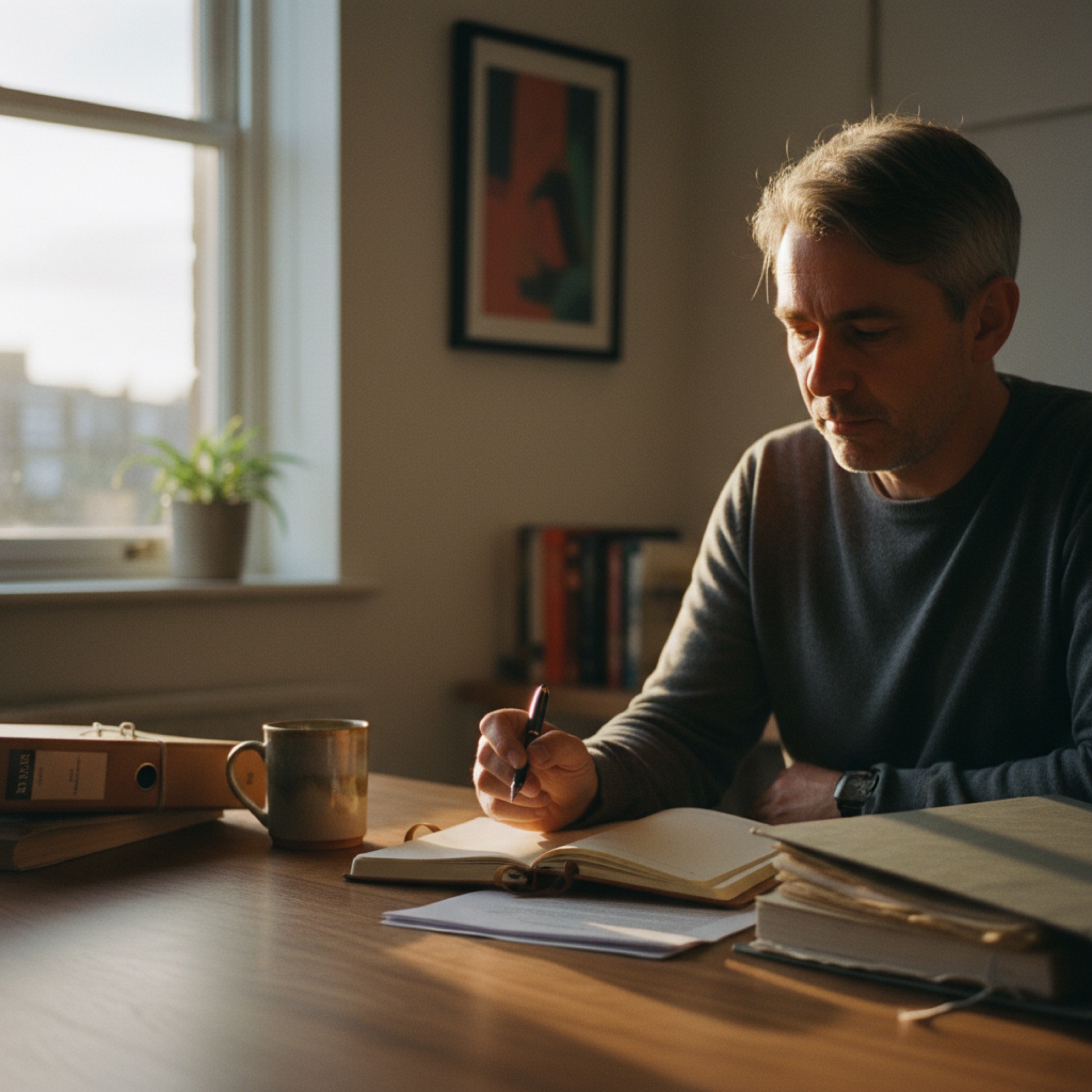 A business owner at a desk reviewing a document on a laptop with a notepad beside them