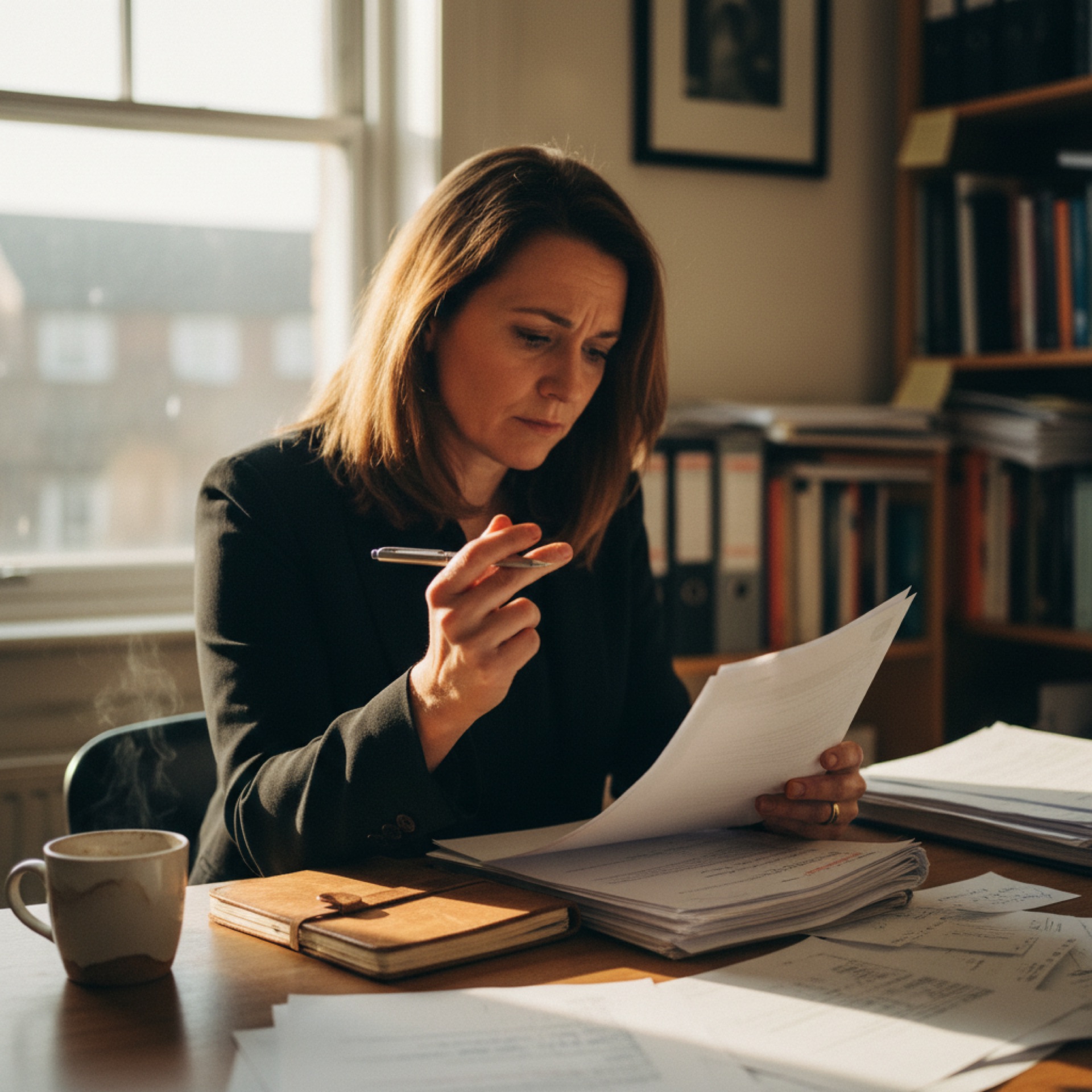 A person reviewing a printed document at a desk in a small well-lit office