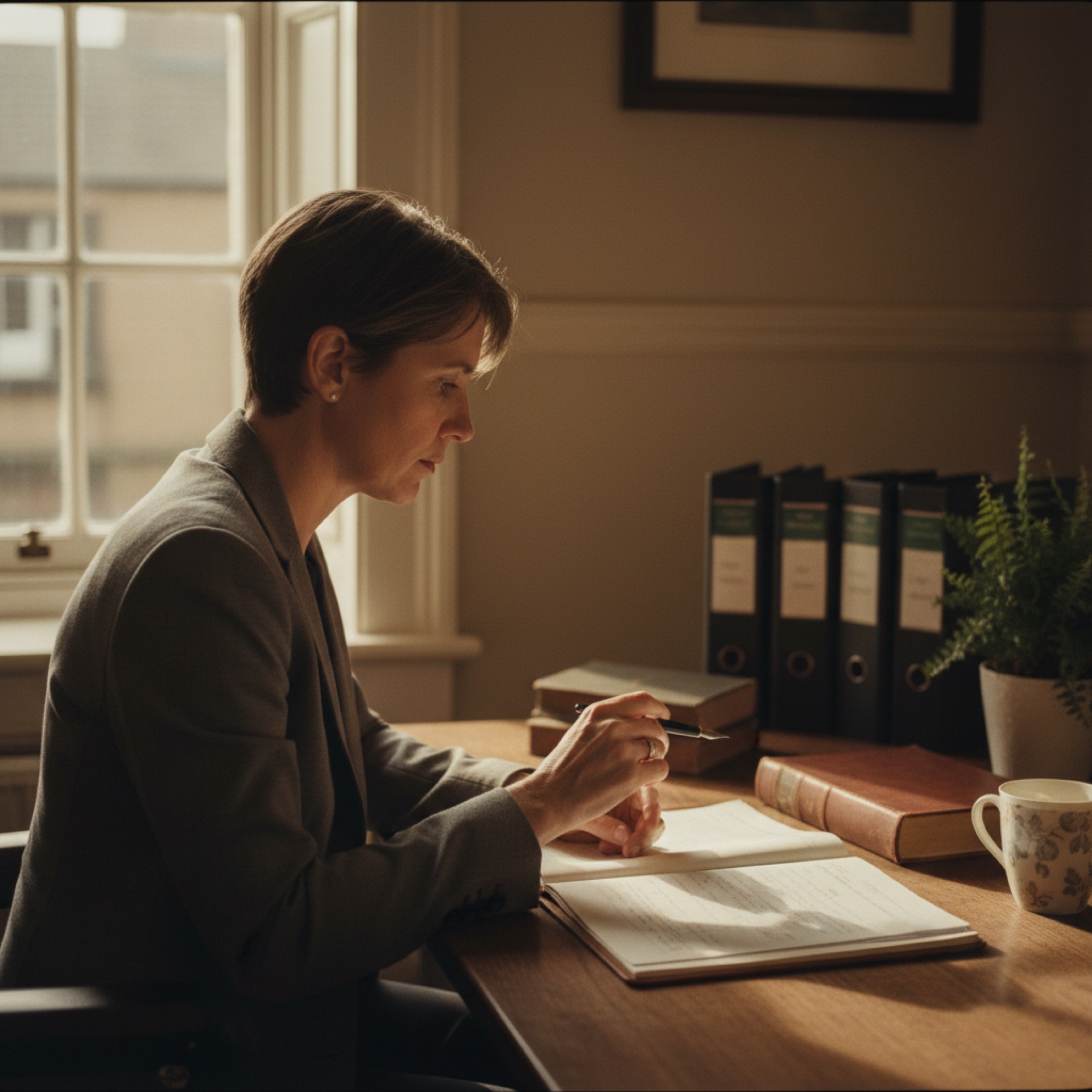 A person reviewing documents at a desk with a laptop open beside them