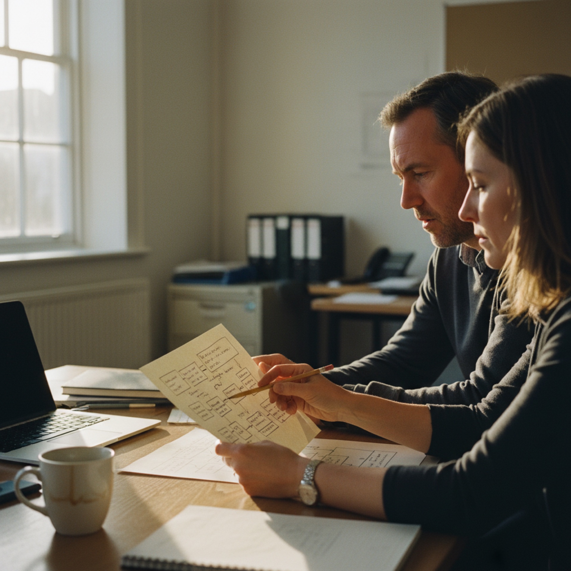Two people reviewing a printed document at an office desk in a small business setting