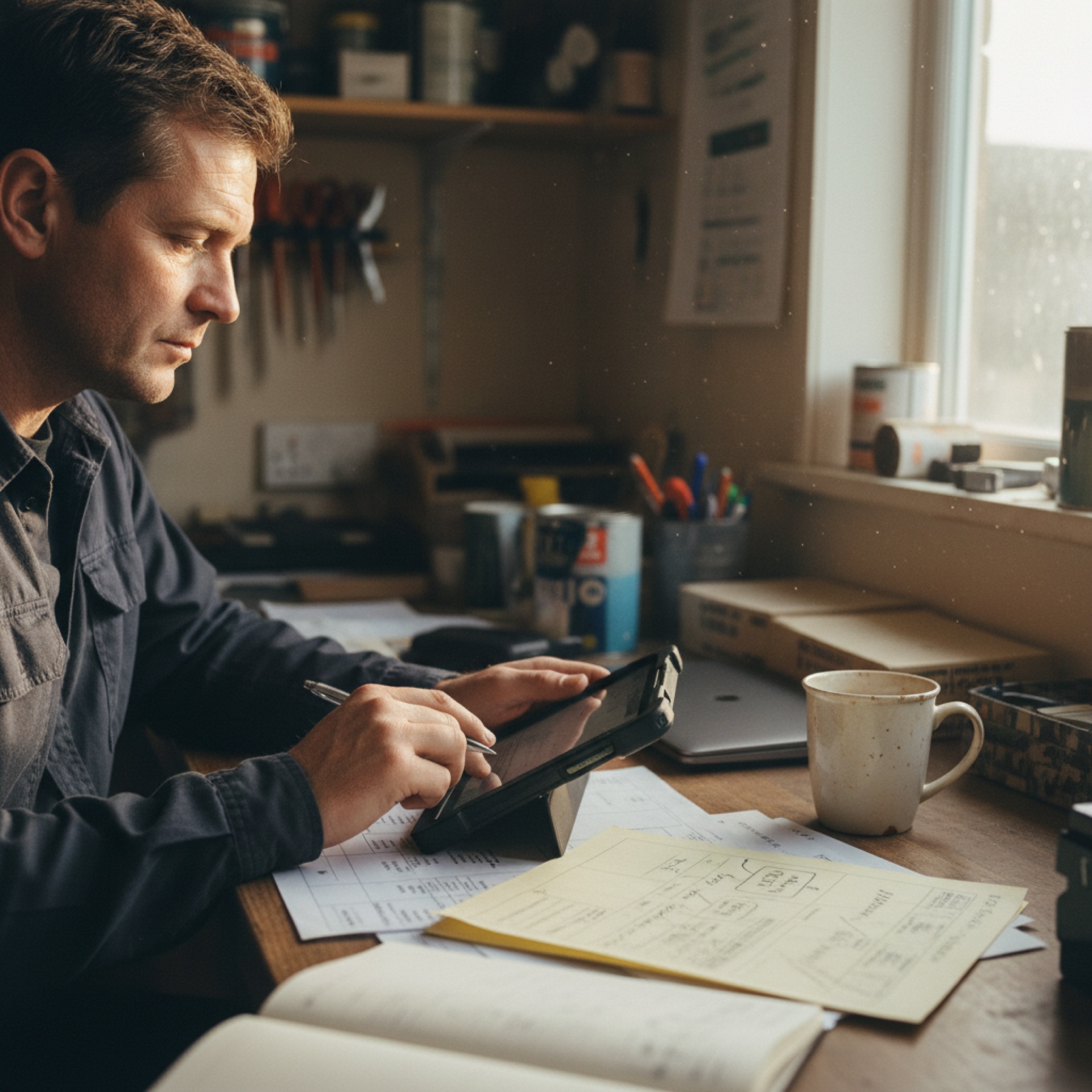 A person in work clothes reviewing a tablet screen at a desk with paper job sheets beside them