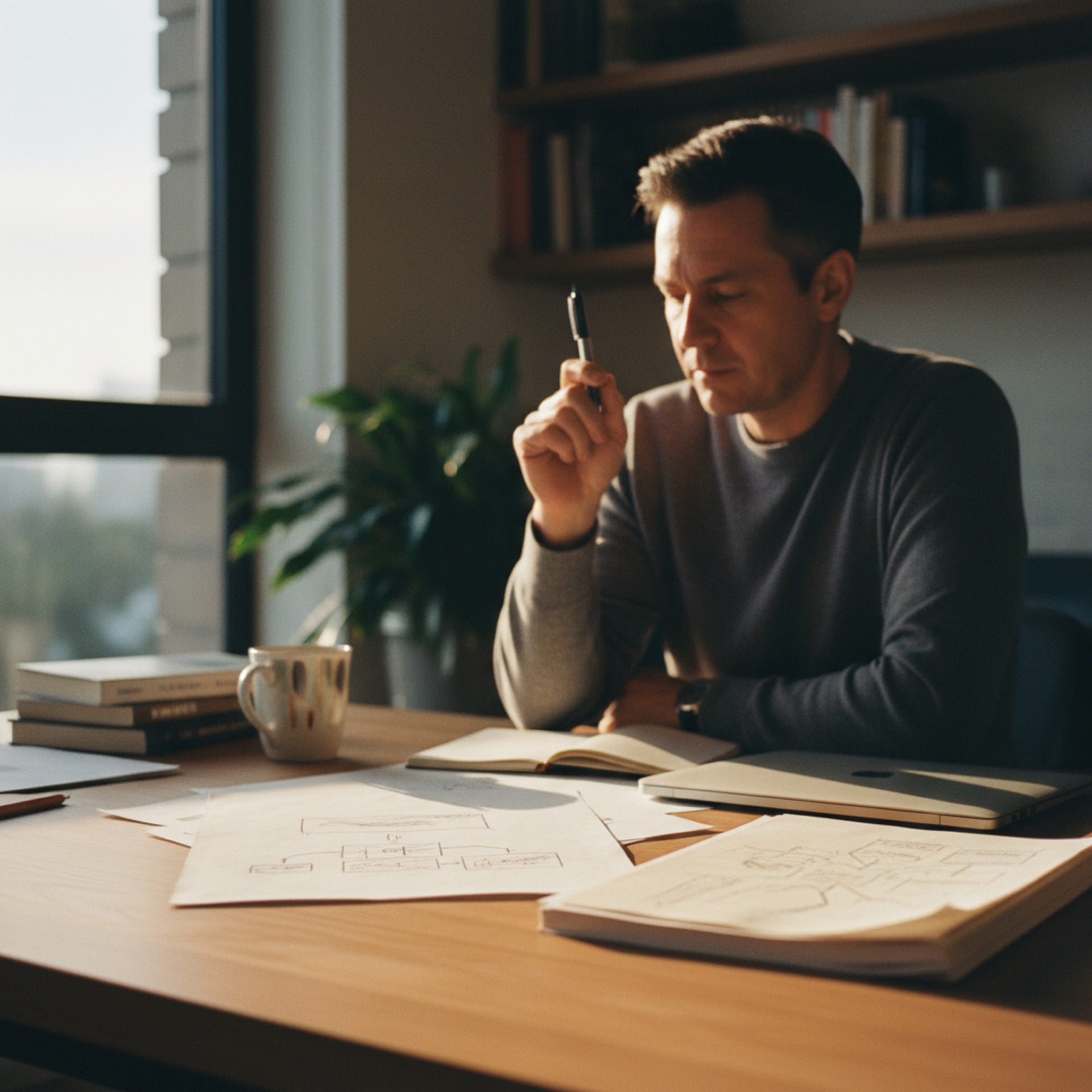 A person reviewing documents at a desk in a naturally lit office, taking notes