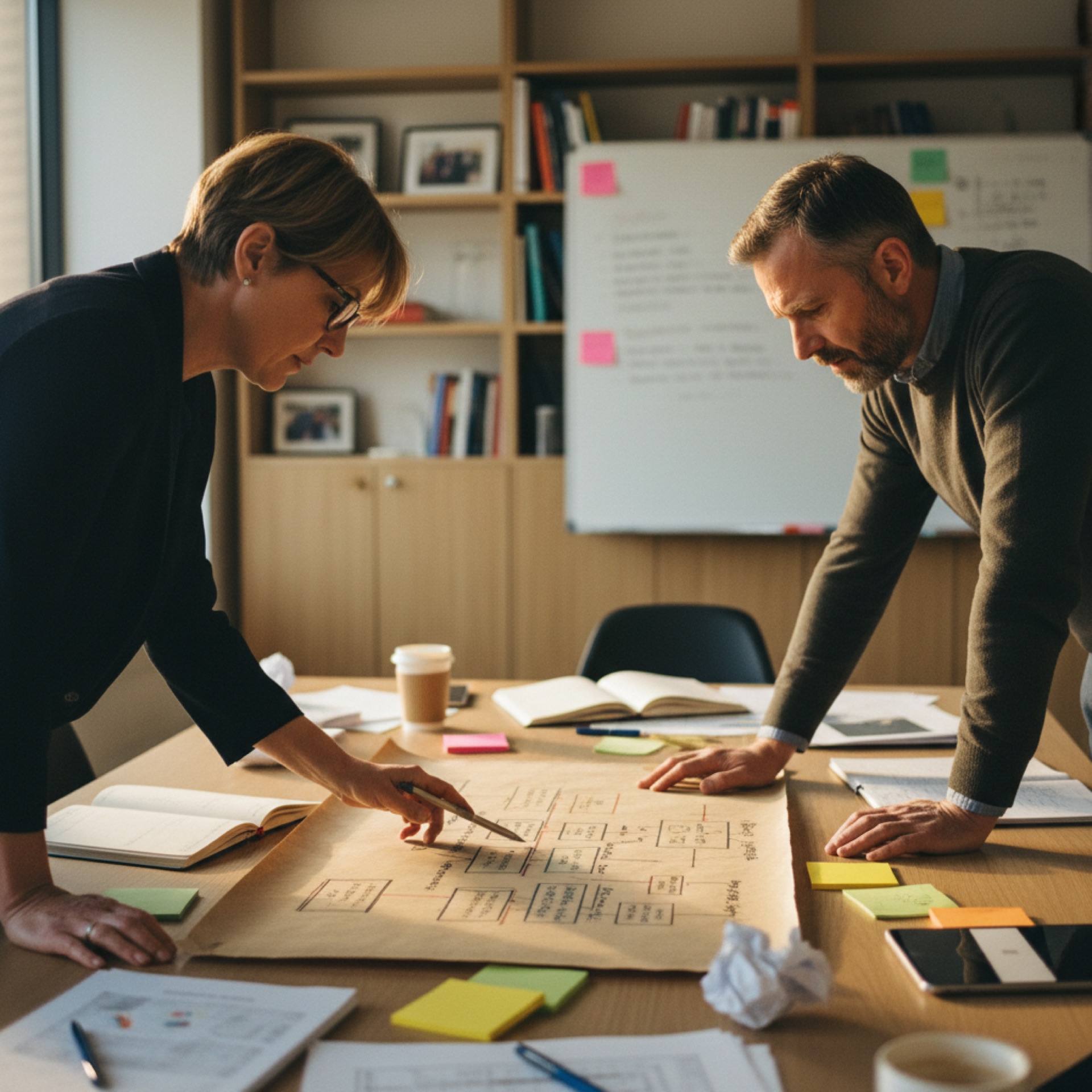 Two colleagues reviewing a diagram together at a desk in a bright office