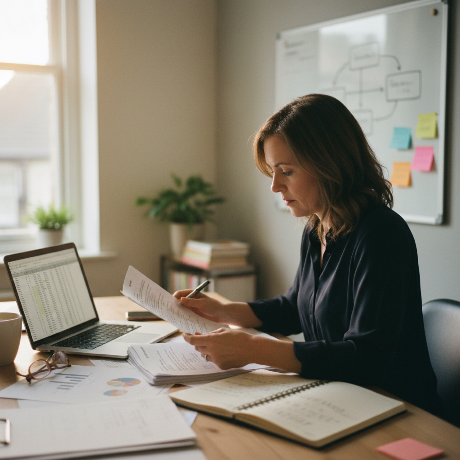 A business owner reviewing printed financial reports at a bright office desk