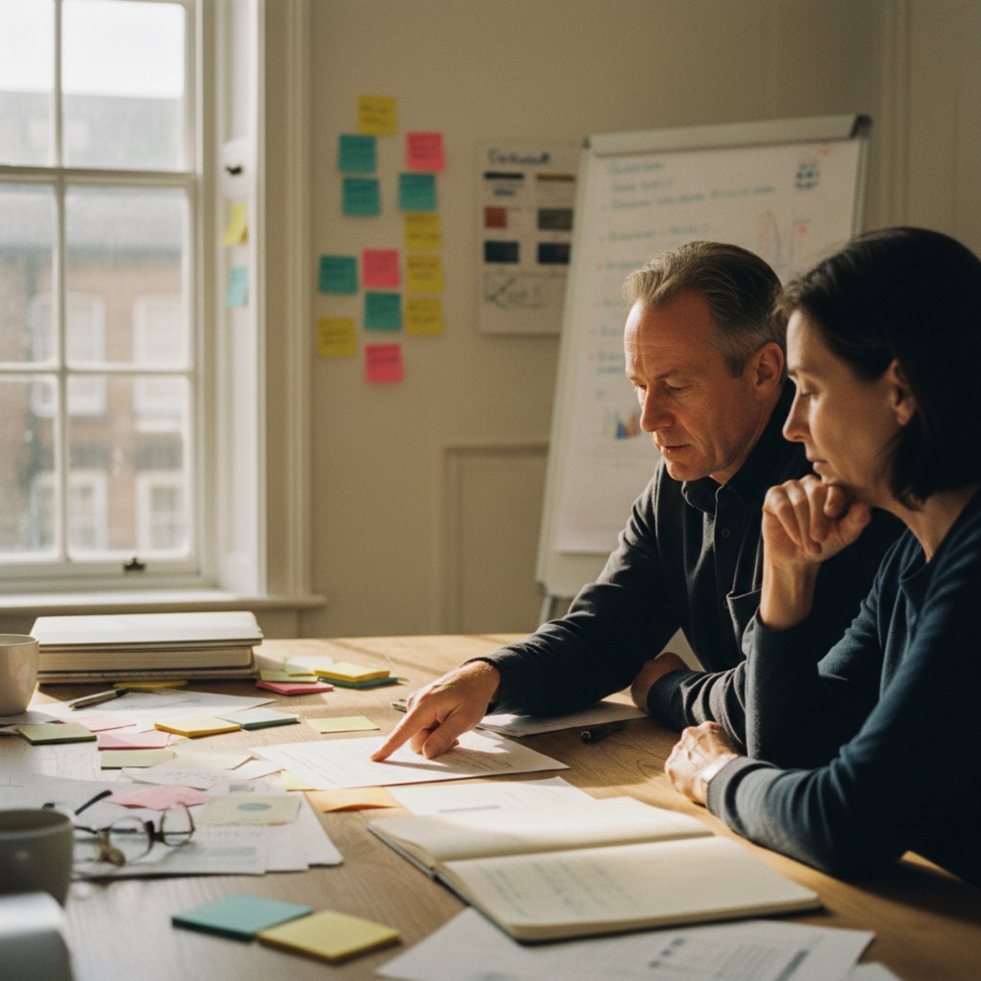 Two people reviewing a document together across an office desk in natural light