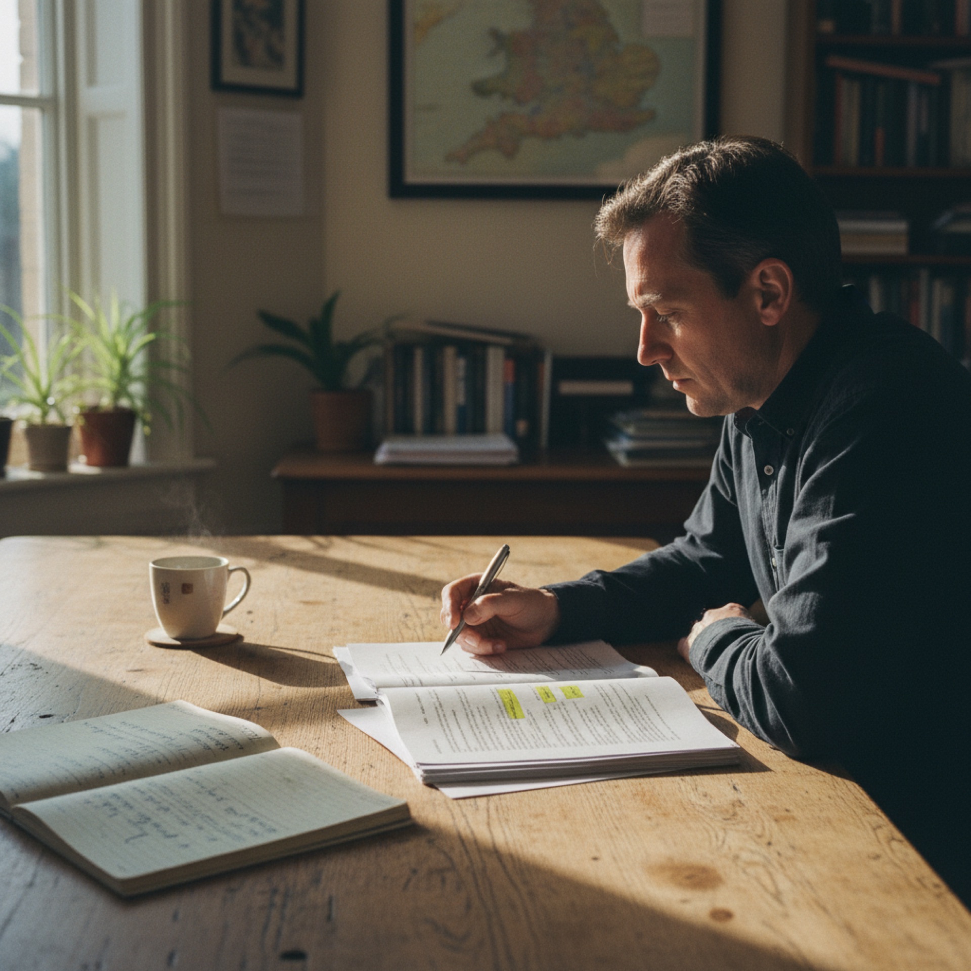 A business owner reviewing vendor documents at a desk with a laptop open beside them