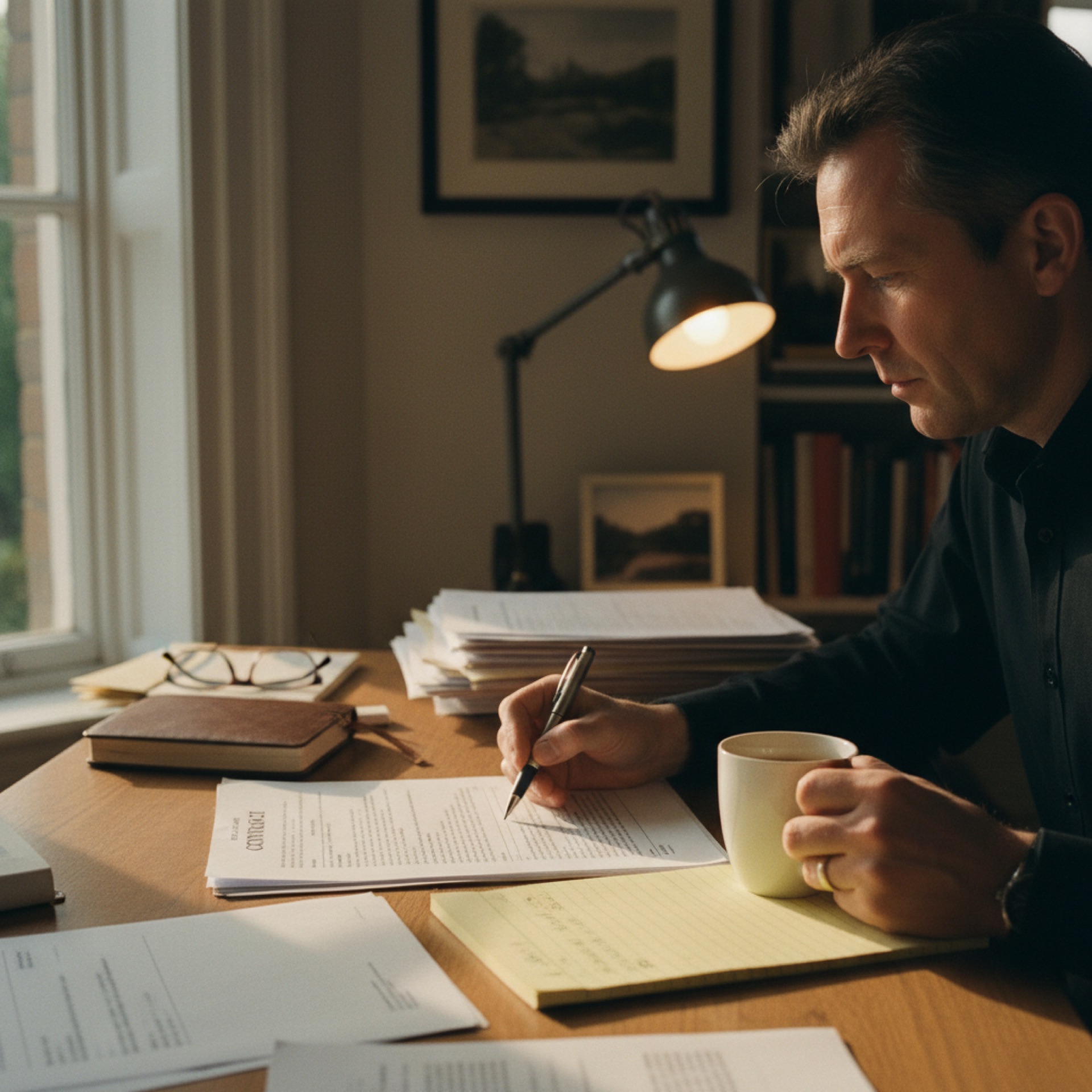 A business owner reading a contract document at a desk with a pen in hand