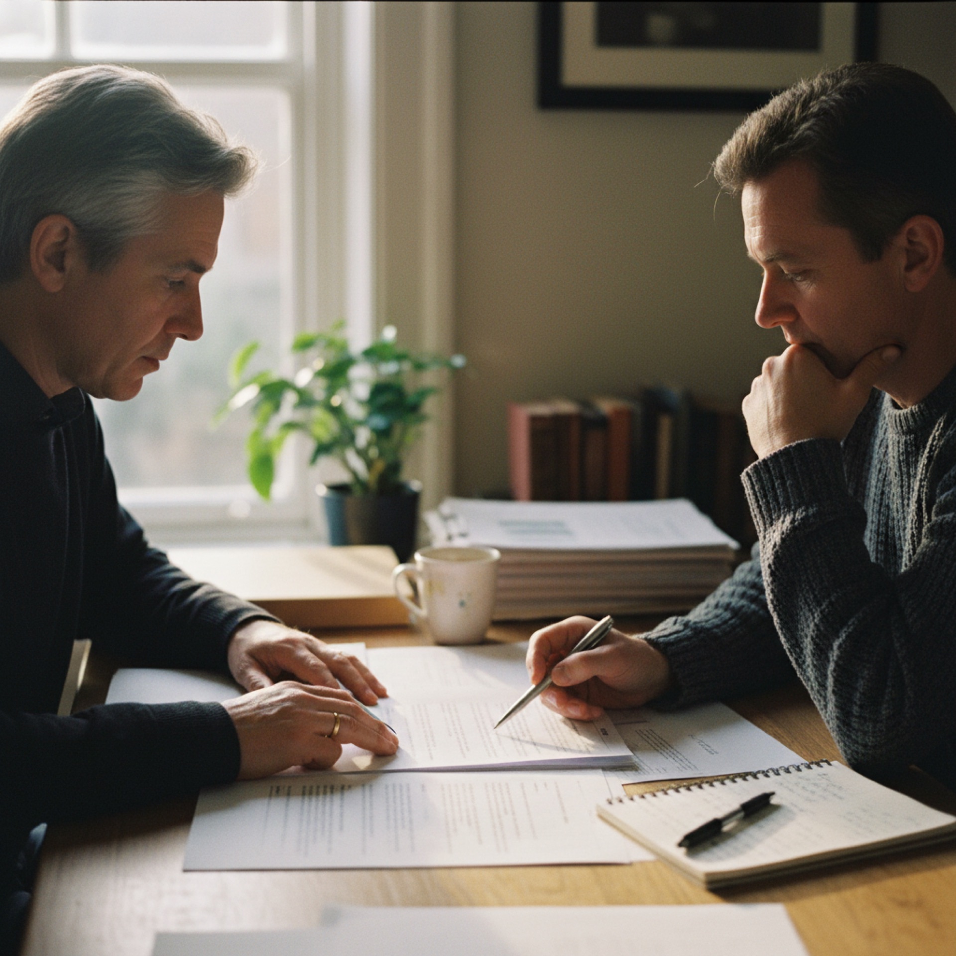 Two people reviewing a printed security report at an office desk