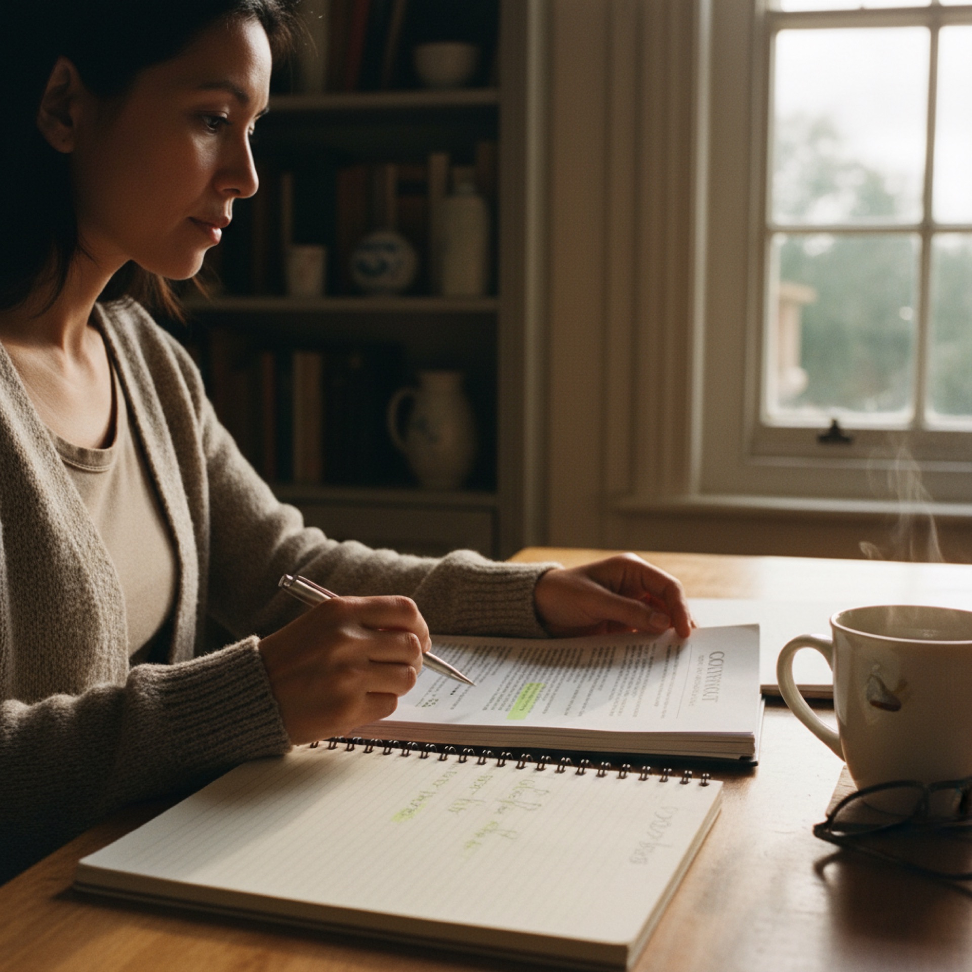 A person reviewing contract documents at a desk with a laptop open beside them