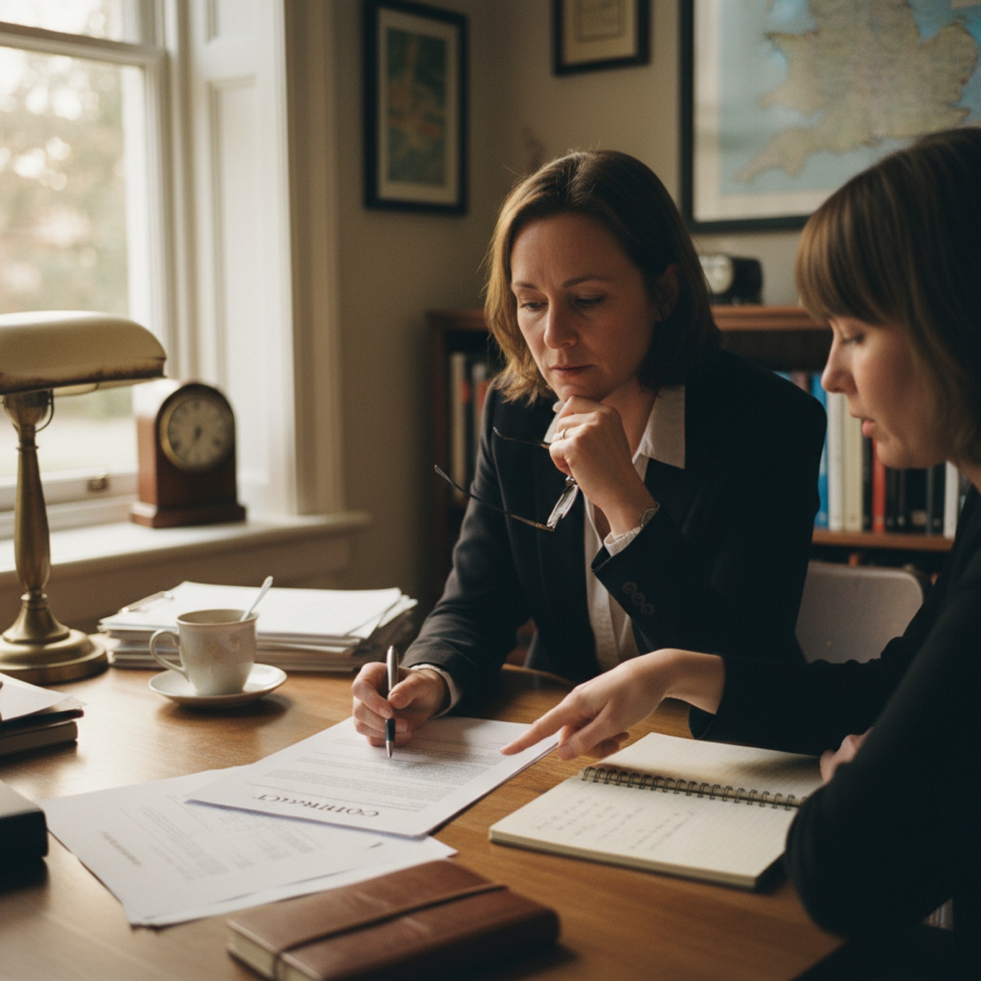 Two professionals reviewing a contract document across an office desk