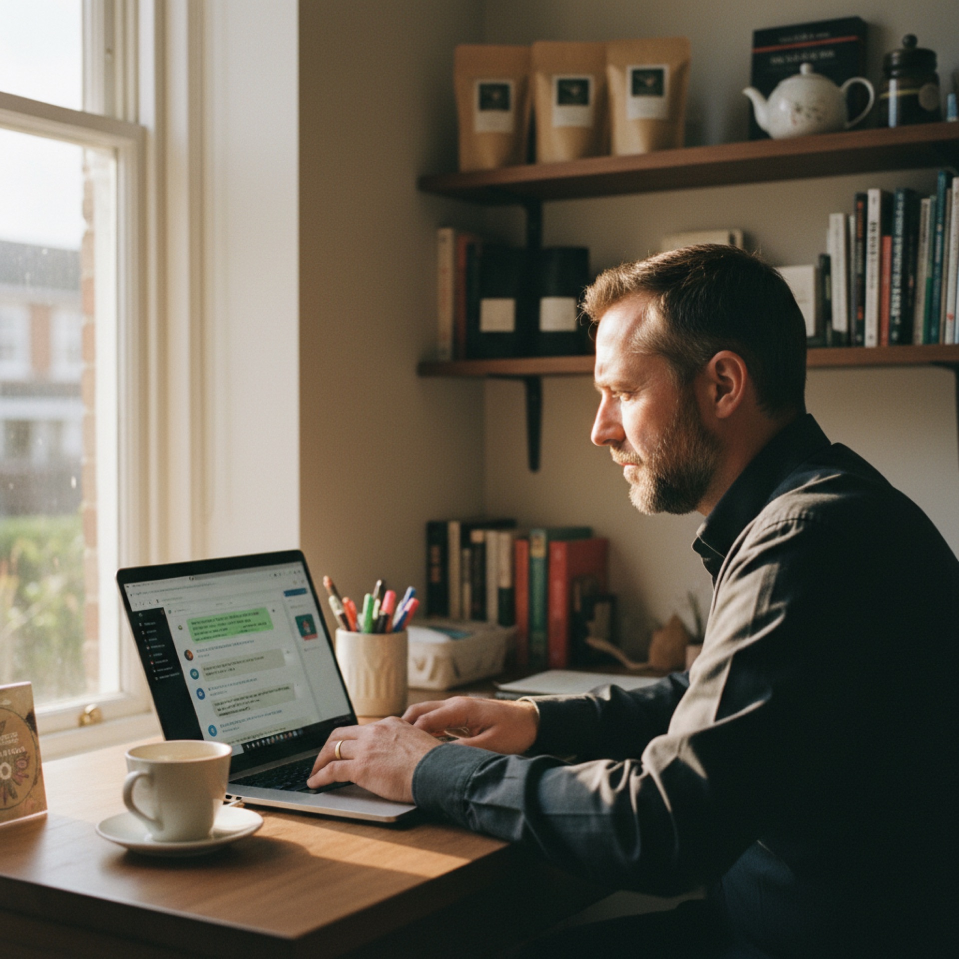 Person at a desk reviewing customer messages on a laptop screen in a small office