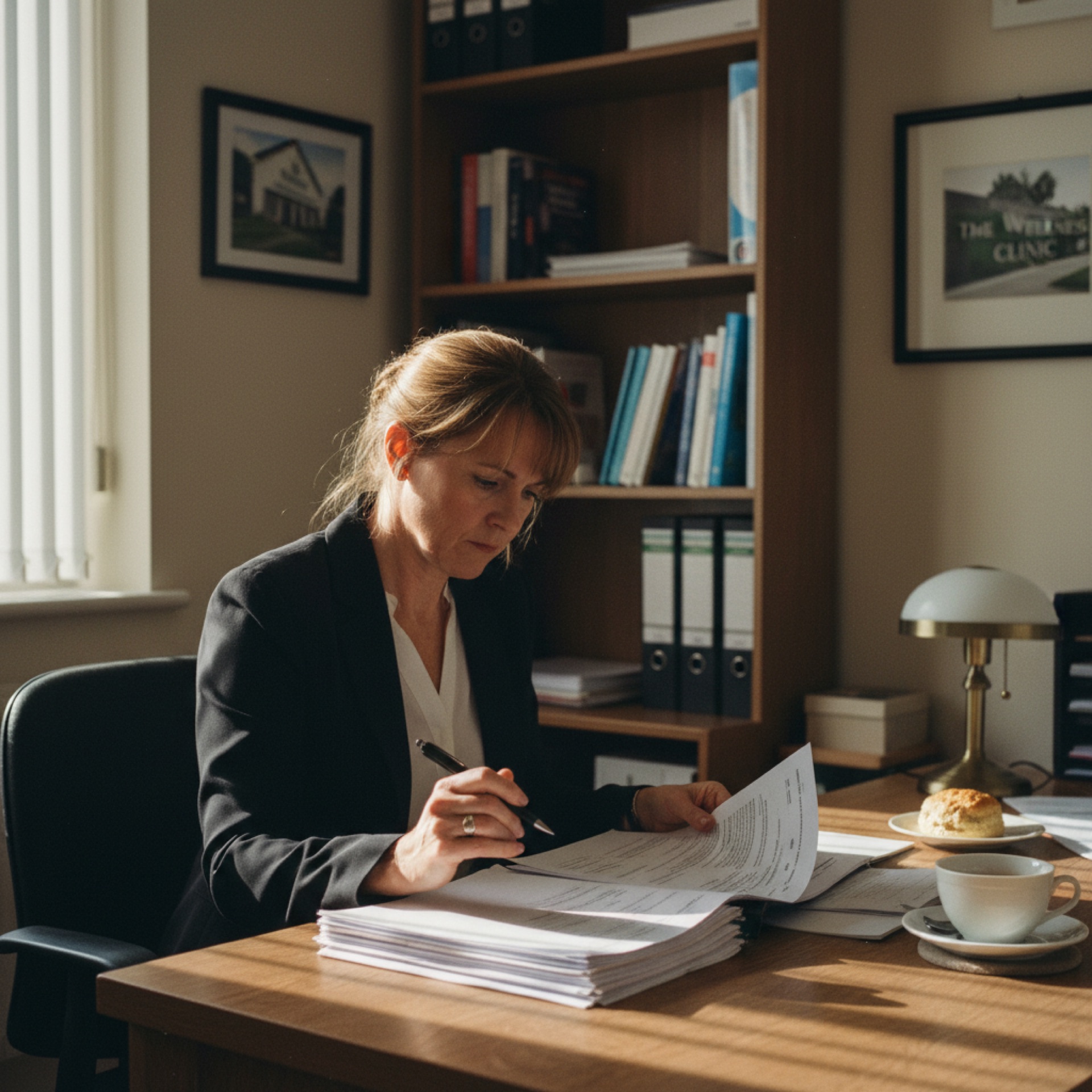 A person sitting at a desk reading through printed documents in a small office with natural light