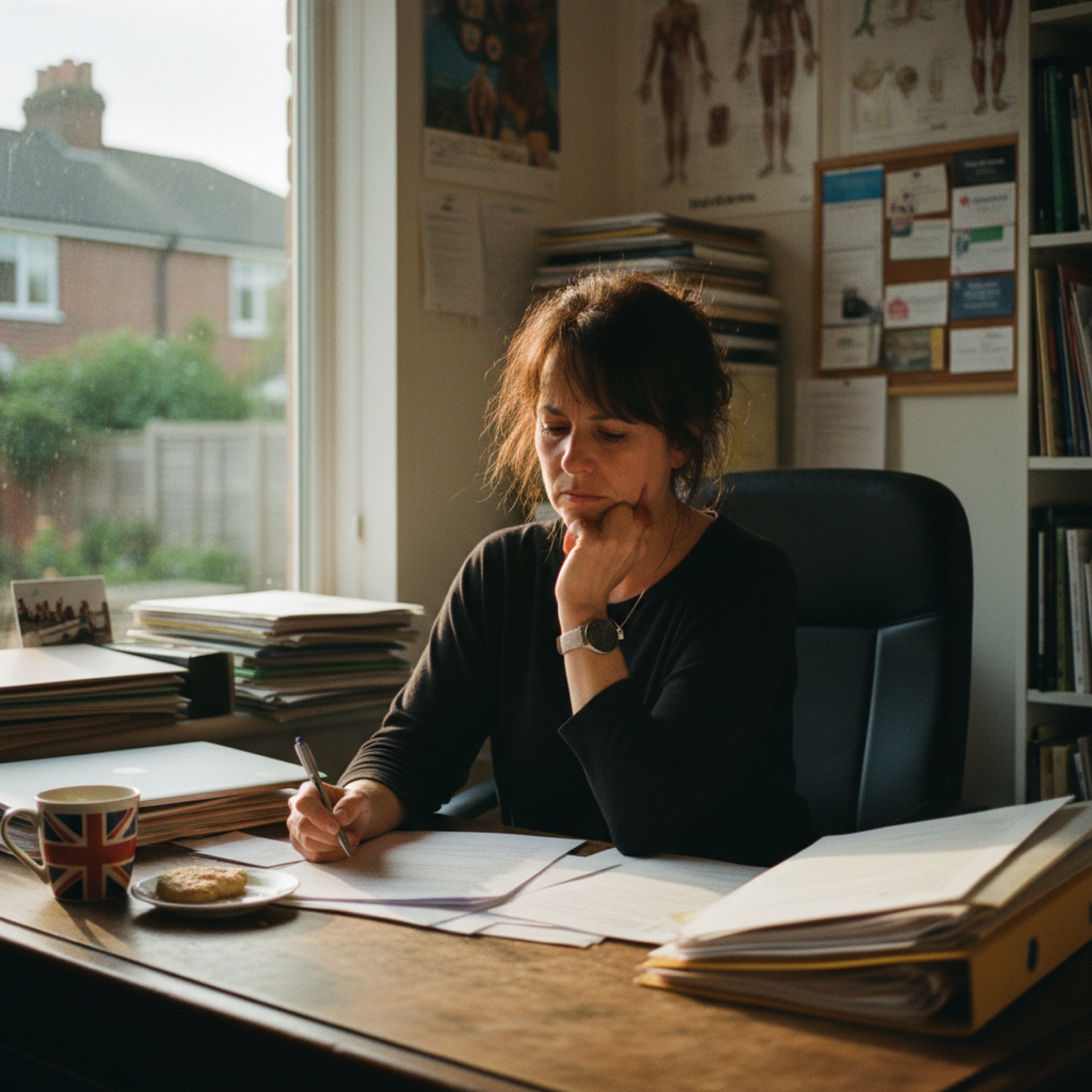 A business owner seated at a desk in a naturally lit office, reviewing paperwork with a thoughtful expression