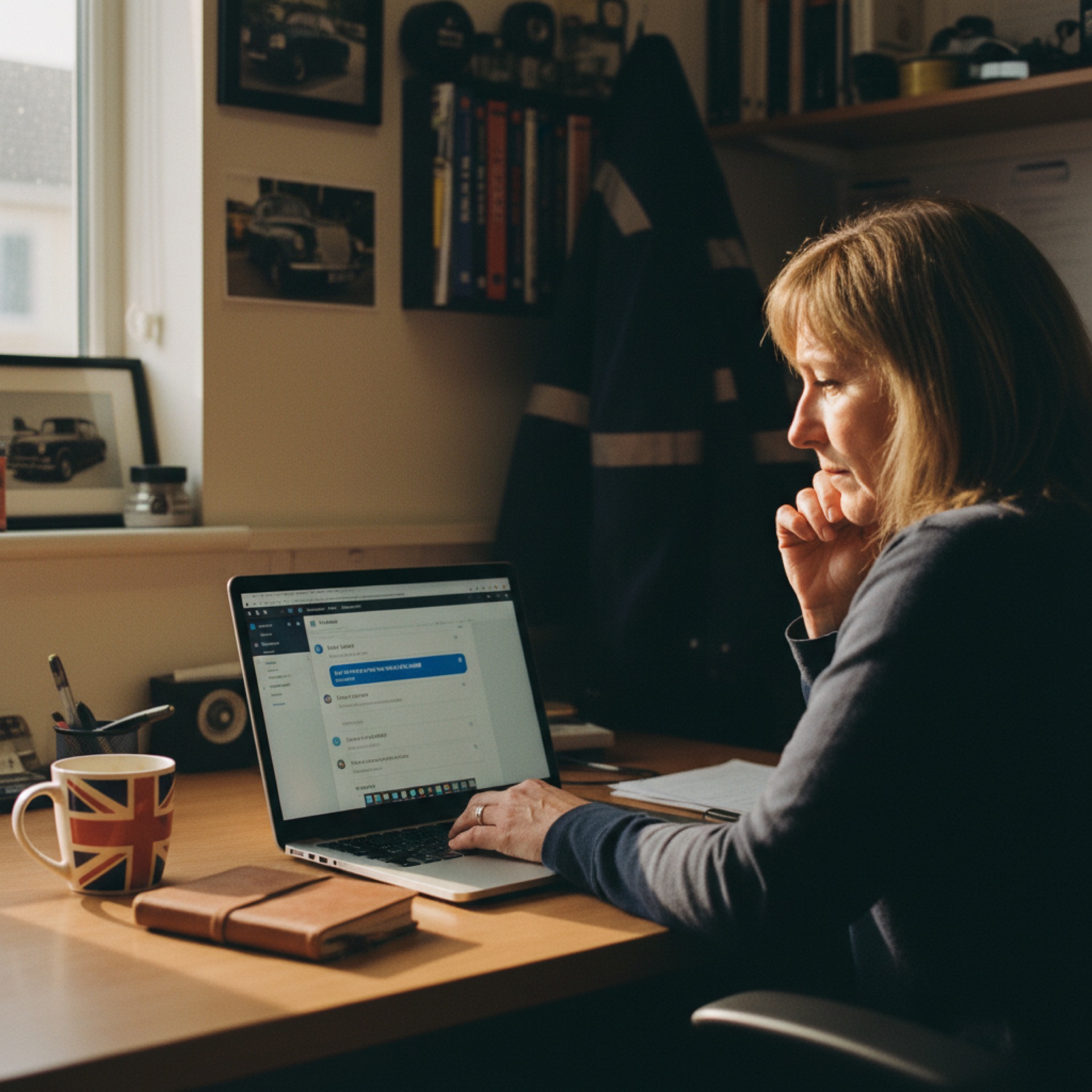 A business owner seated at a desk, reading a customer chat conversation on a laptop screen