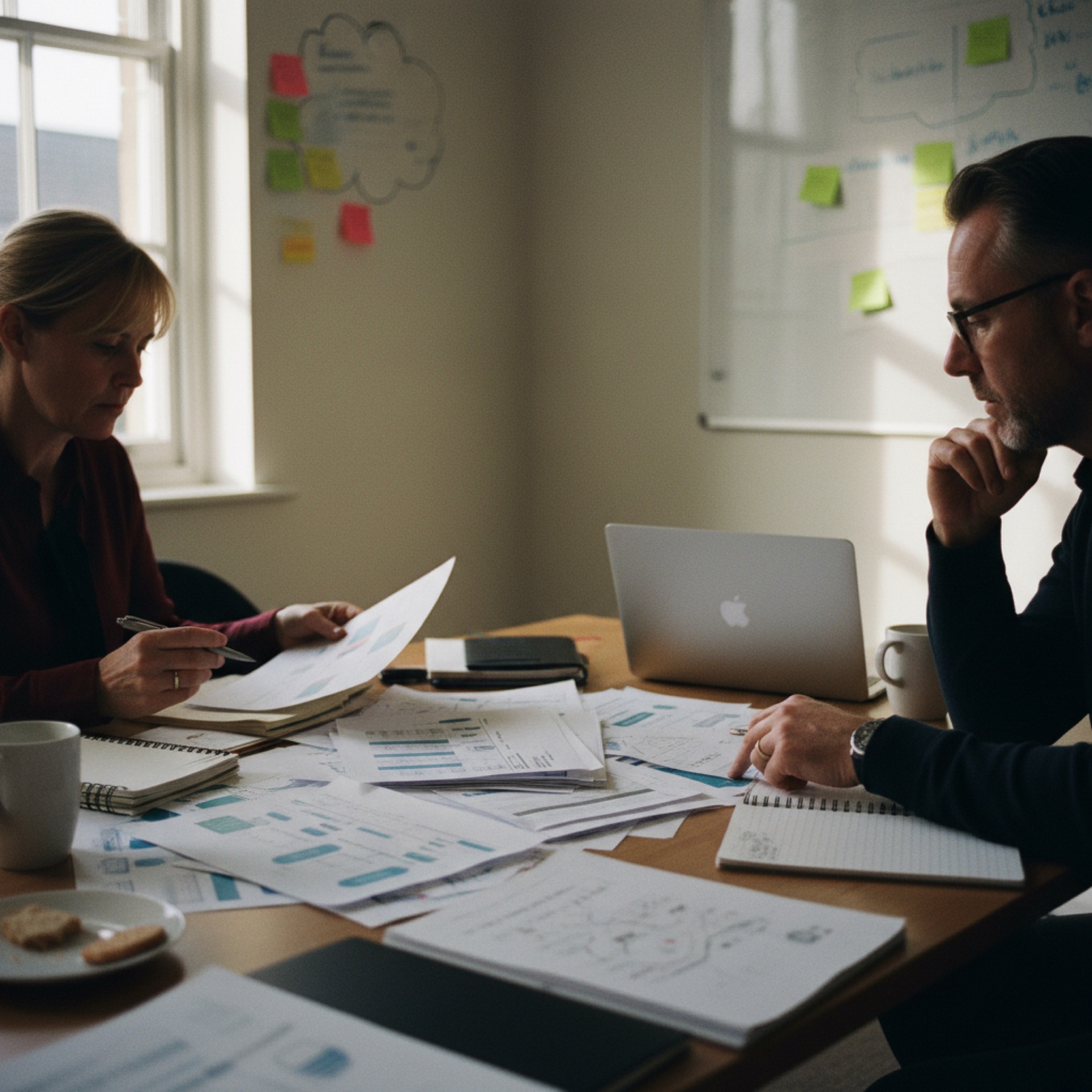 Two people sitting at a table together reviewing printed documents, one pointing to a page