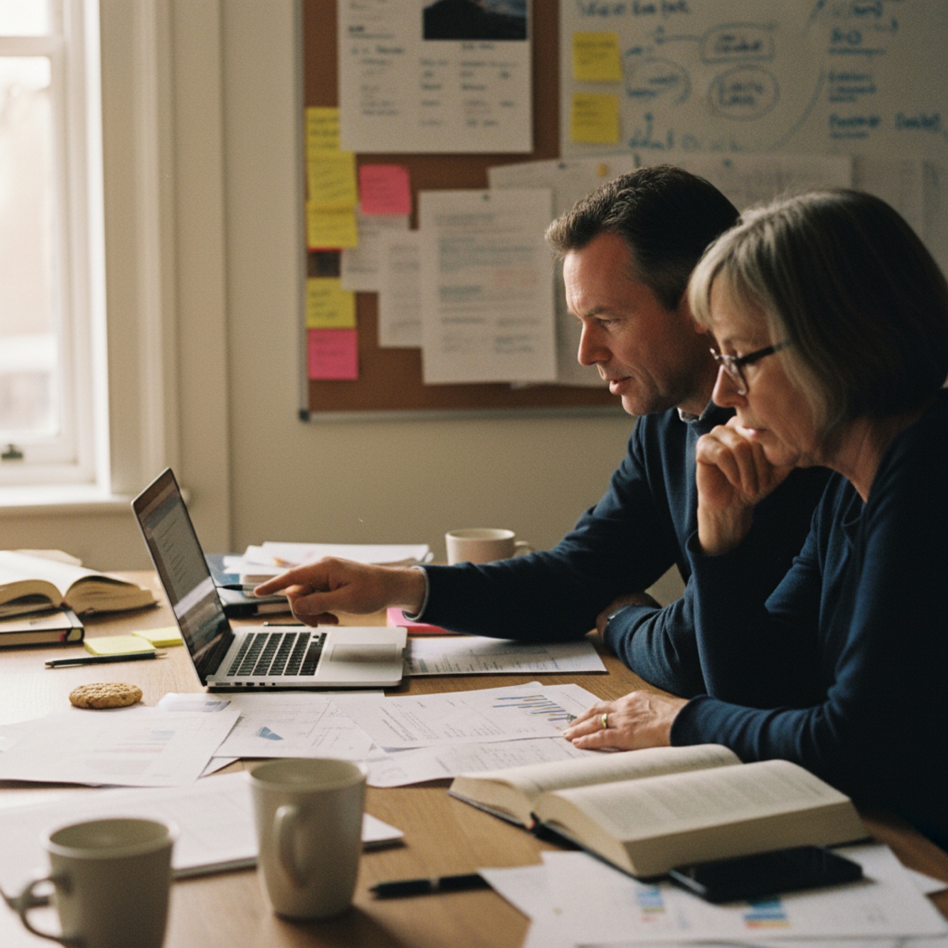 Two colleagues reviewing a document together at an office desk
