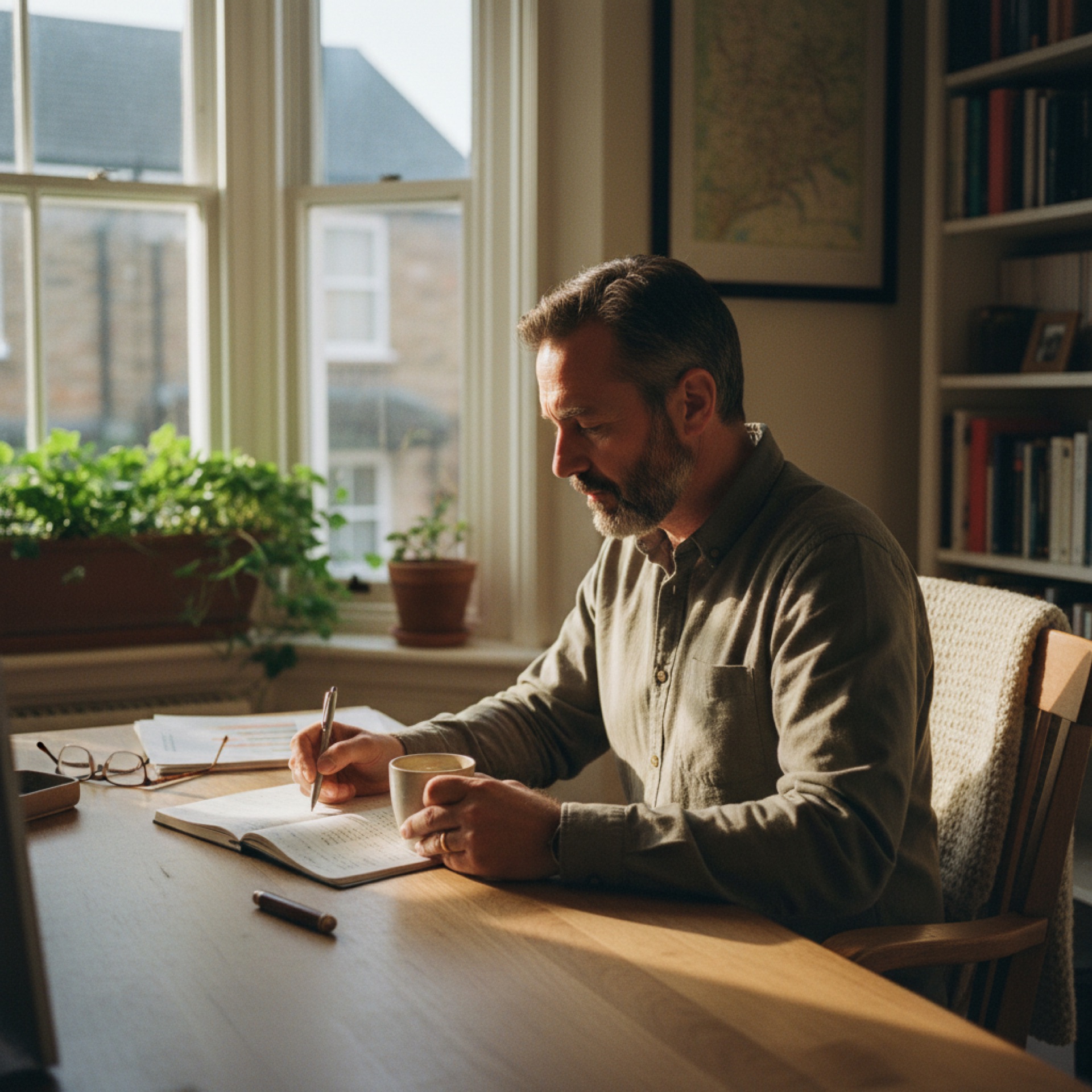 A business owner reviewing financial figures in a notebook at a well-lit desk
