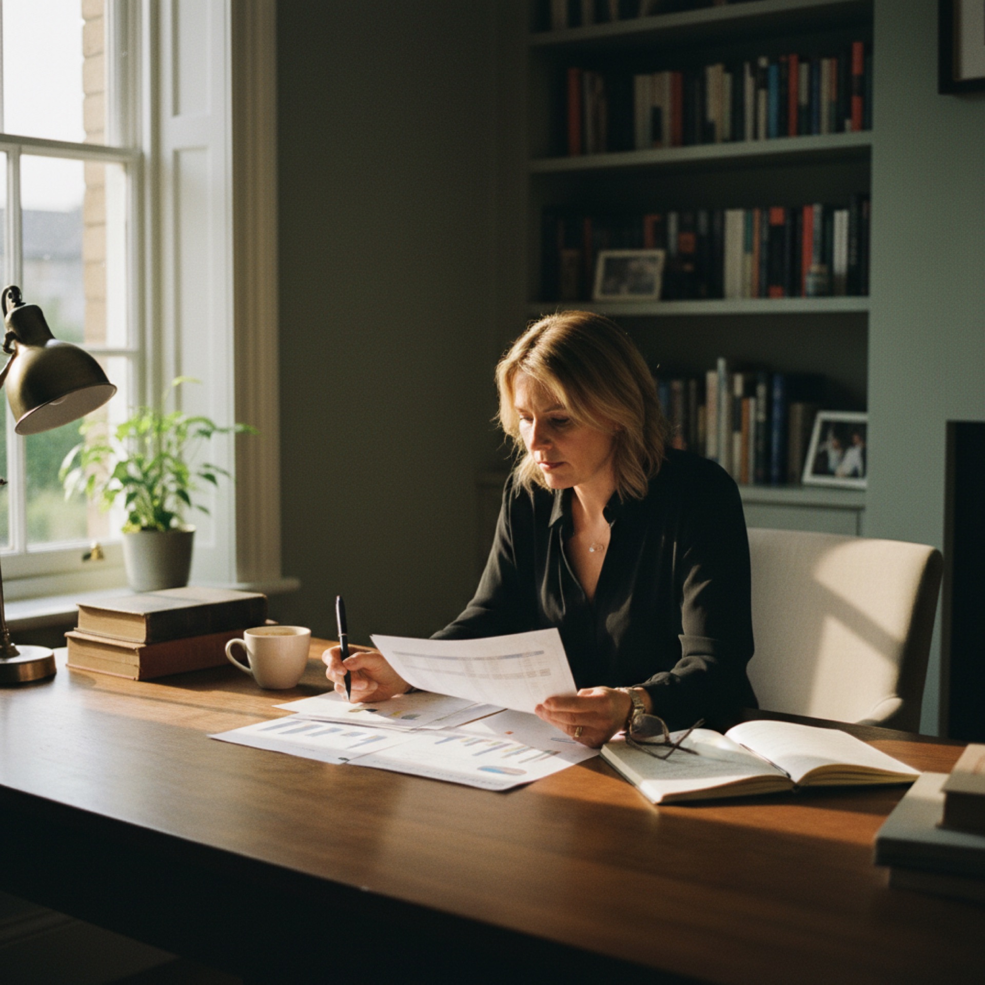 A person reviewing financial charts at a desk with a pen in hand
