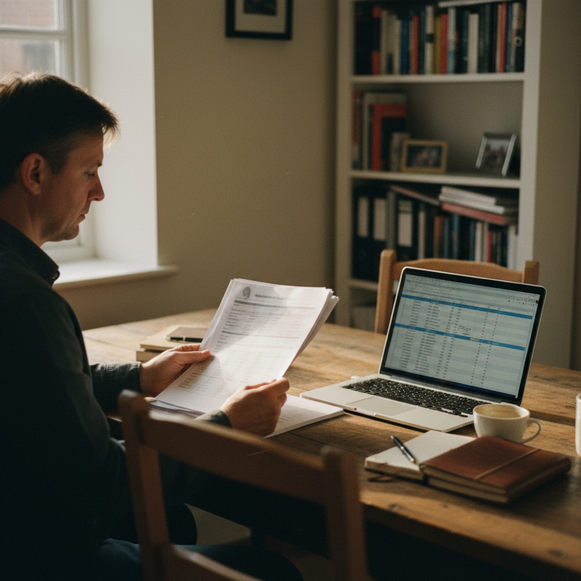 A person reviewing financial reports and a spreadsheet at a wooden desk in a naturally lit home office