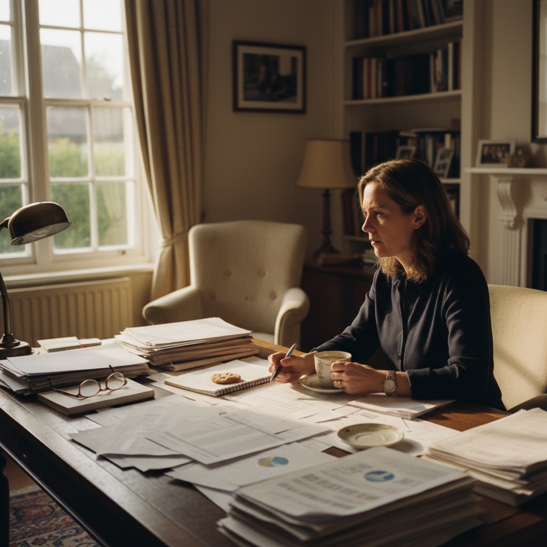 Business owner at a desk reviewing financial reports with papers spread out