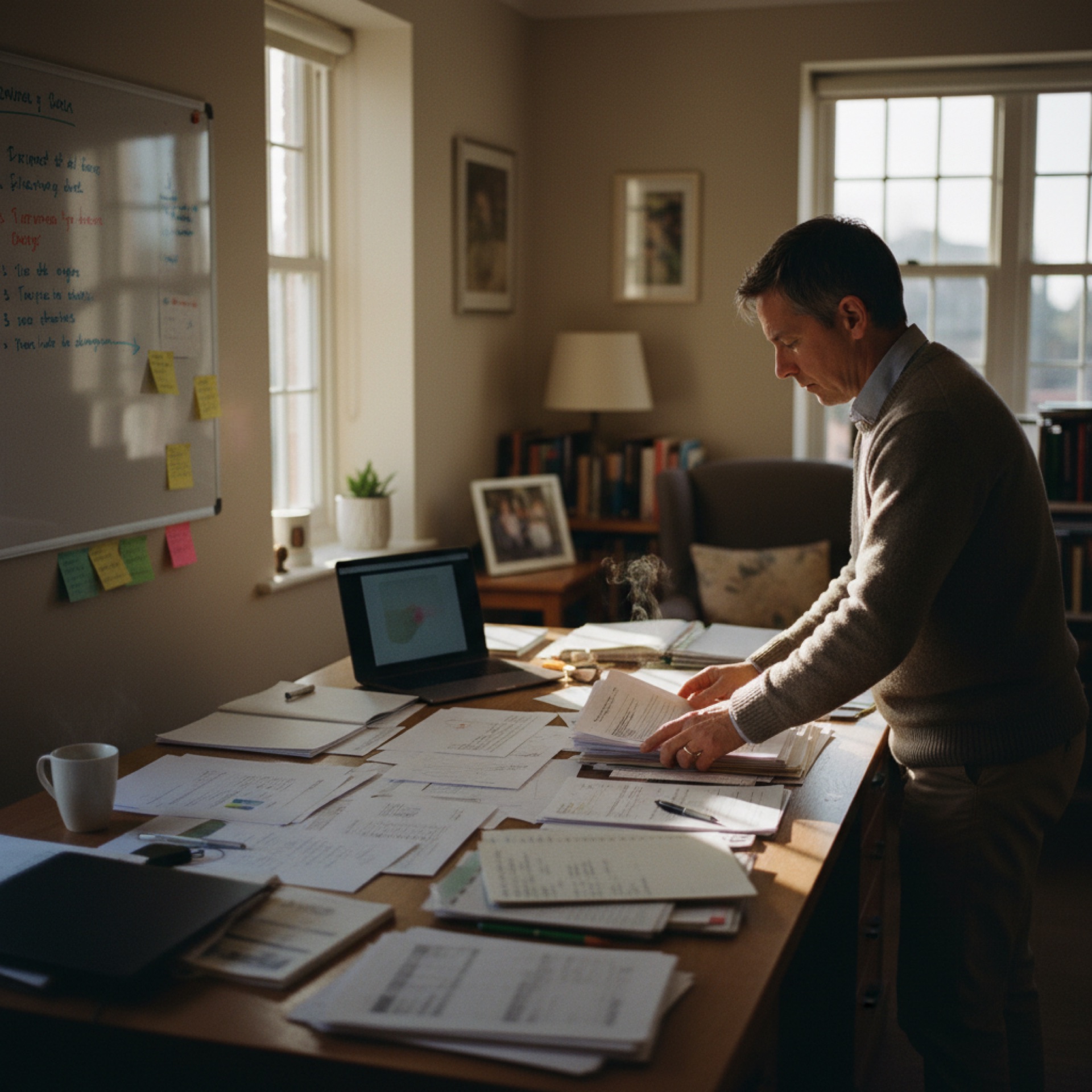 A professional reviewing printed documents at a desk with a laptop open beside them