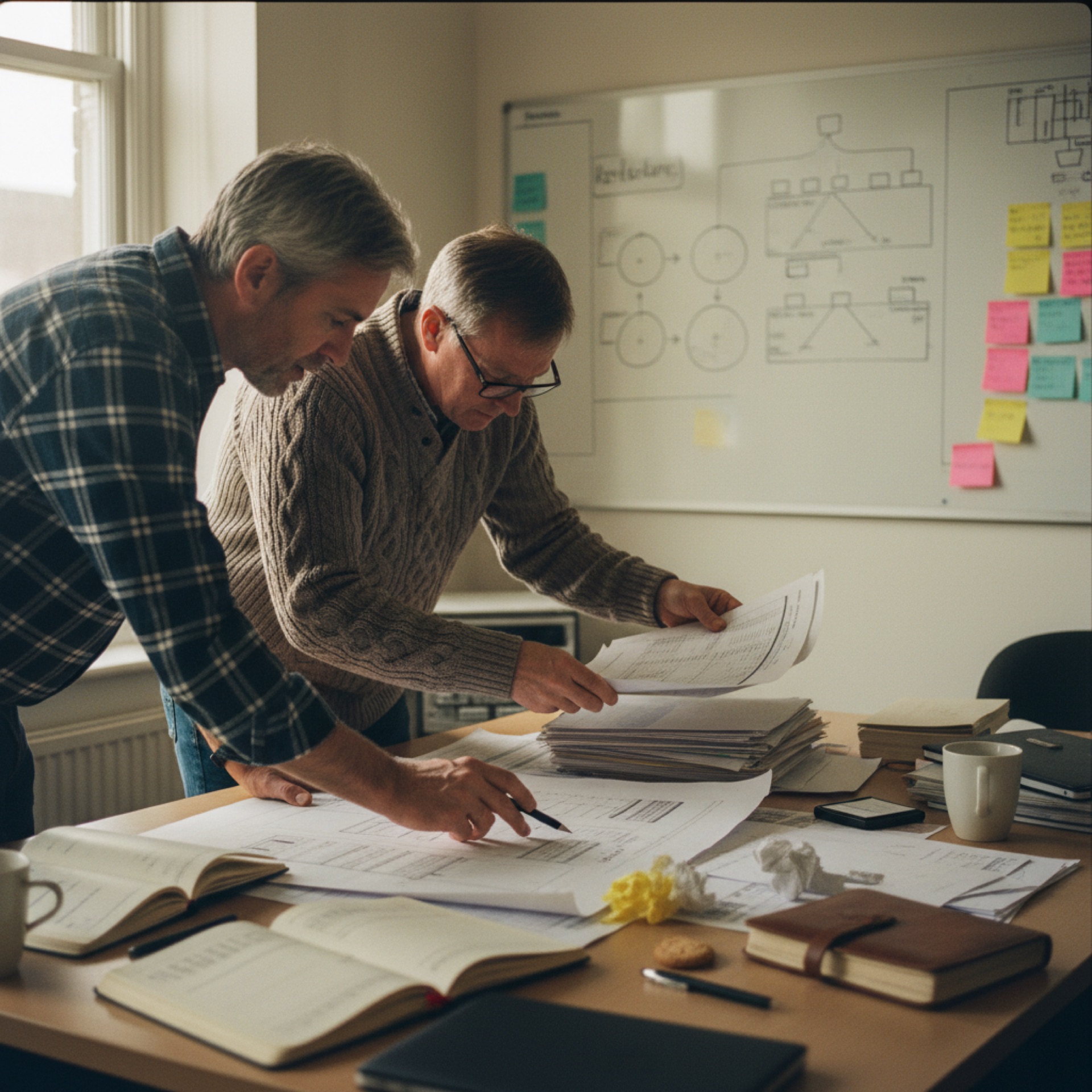 Two colleagues looking at printed documents spread across an office desk