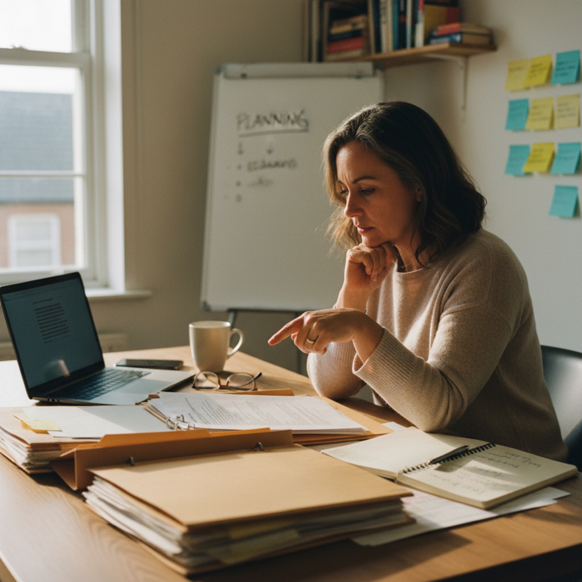 A person at a desk with folders of documents open beside a laptop