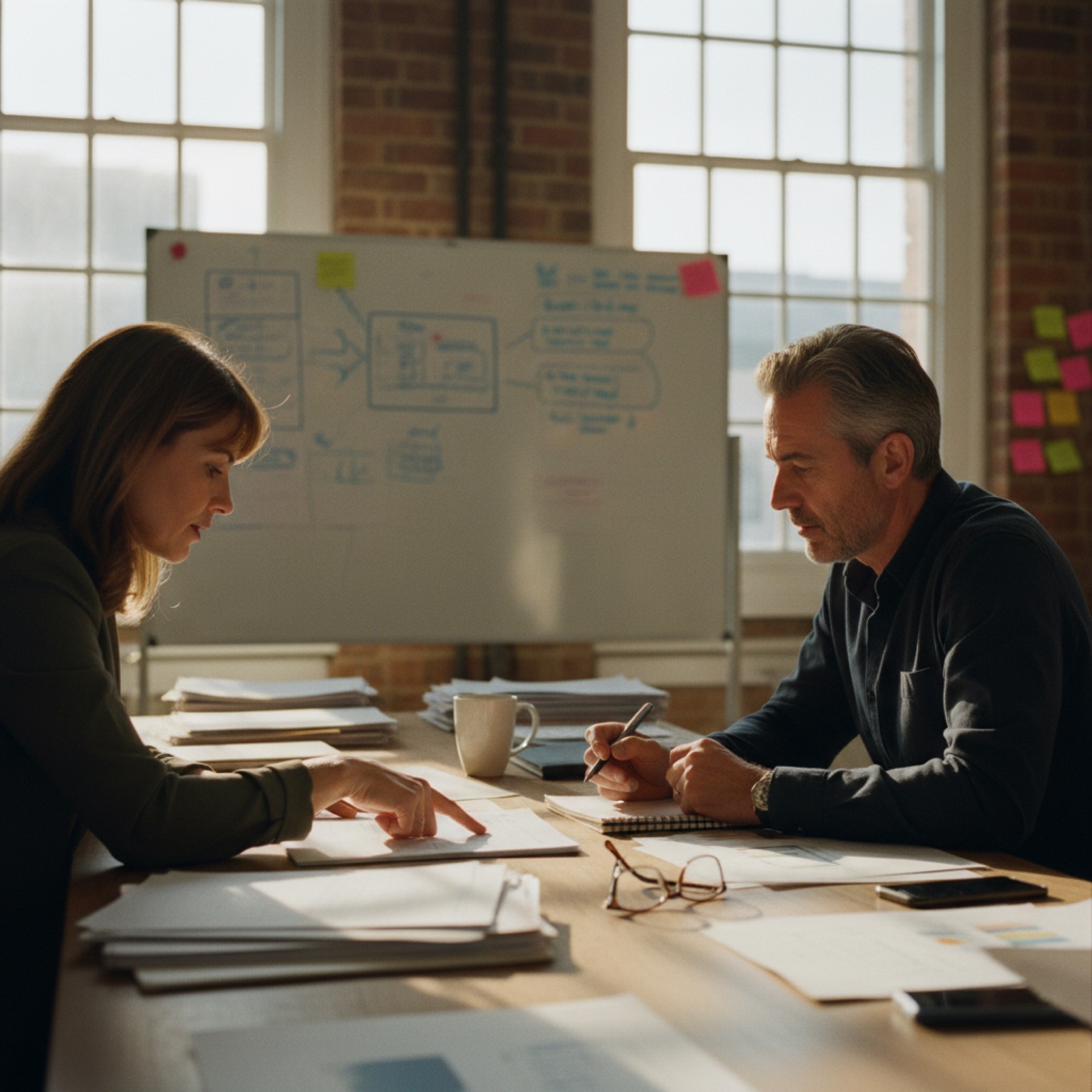 Two professionals reviewing documents at a desk in a bright office
