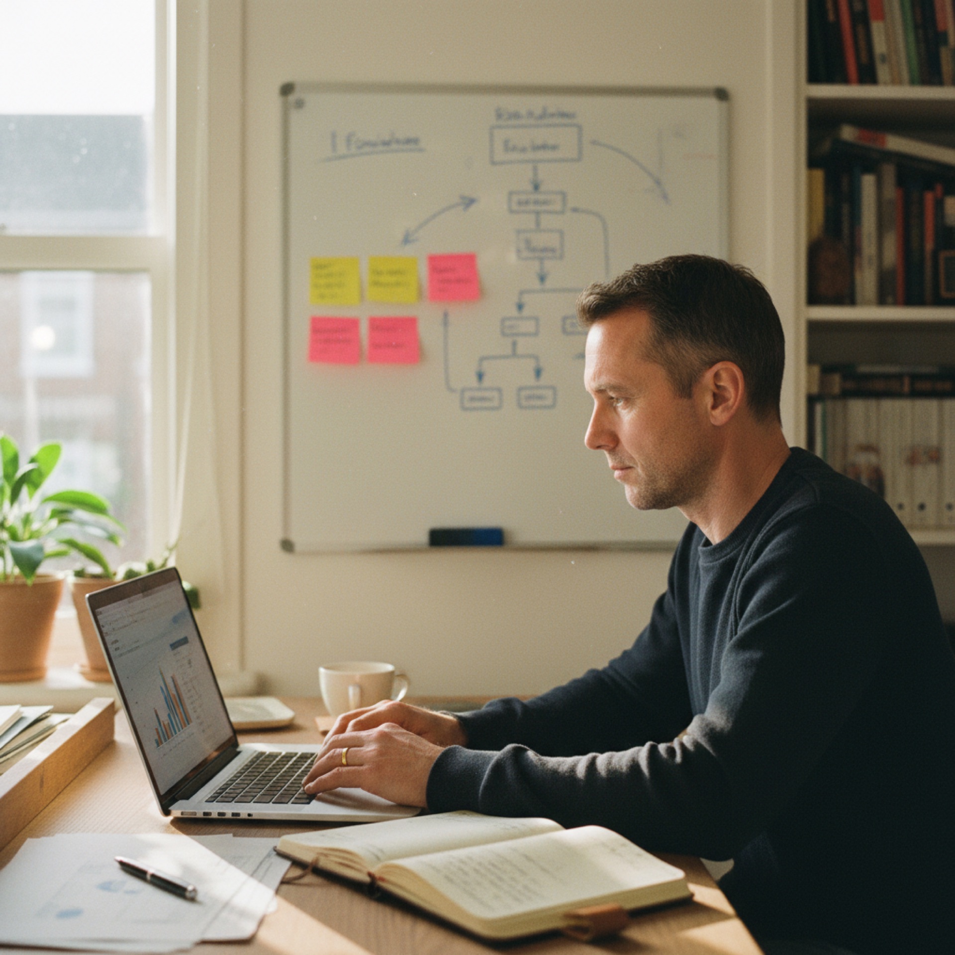 A person reviewing data on a laptop at a small office desk, morning light through a window behind them