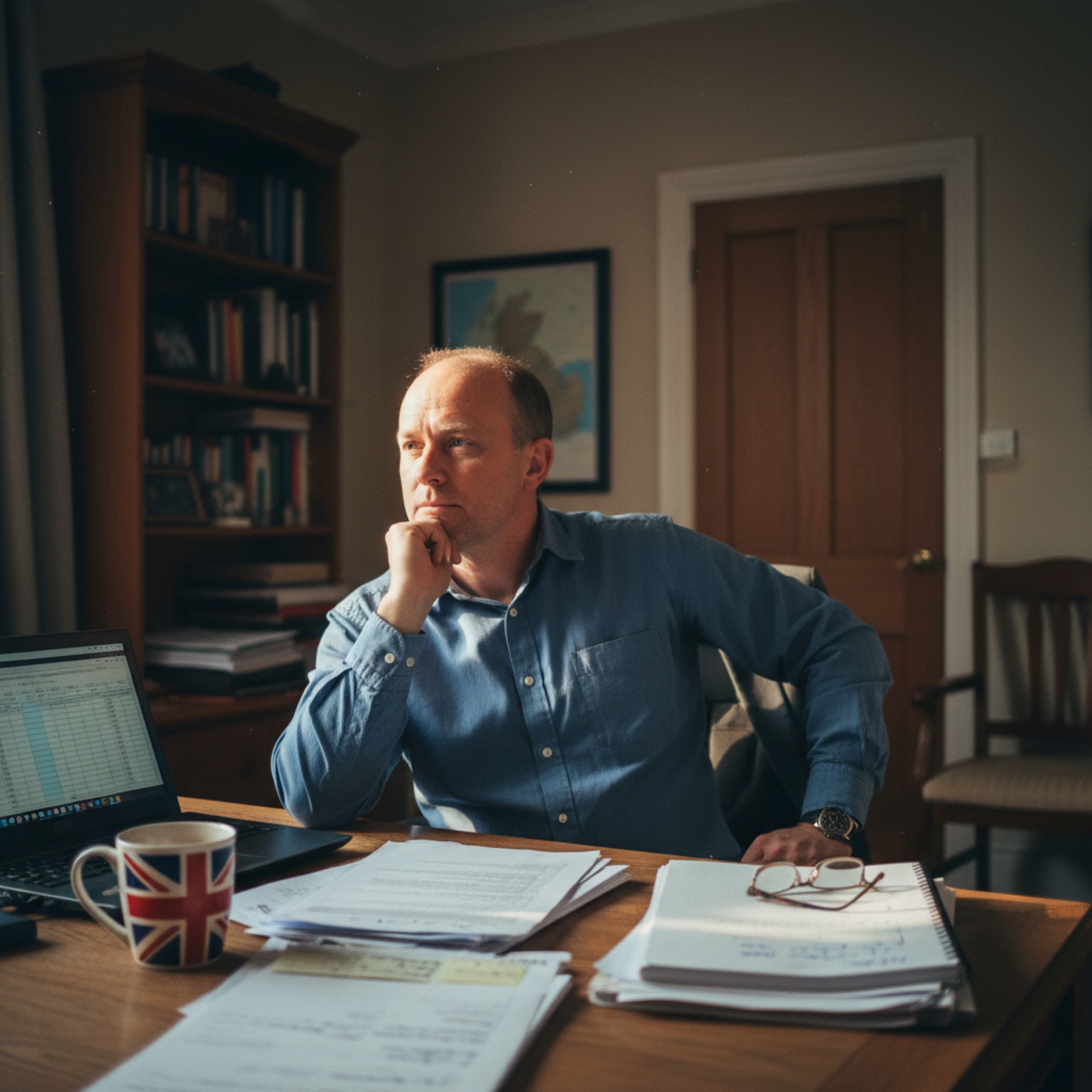 A business owner at a desk reviewing pricing data on a spreadsheet